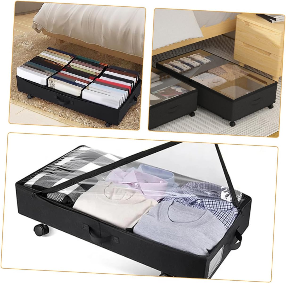 Cabilock -bed Storage Bin with Wheels, Large Capacity Oxford Fabric Organizer with 3 Compartments, Dustproof Clothes and Quilt Storage Cart for Bedroom