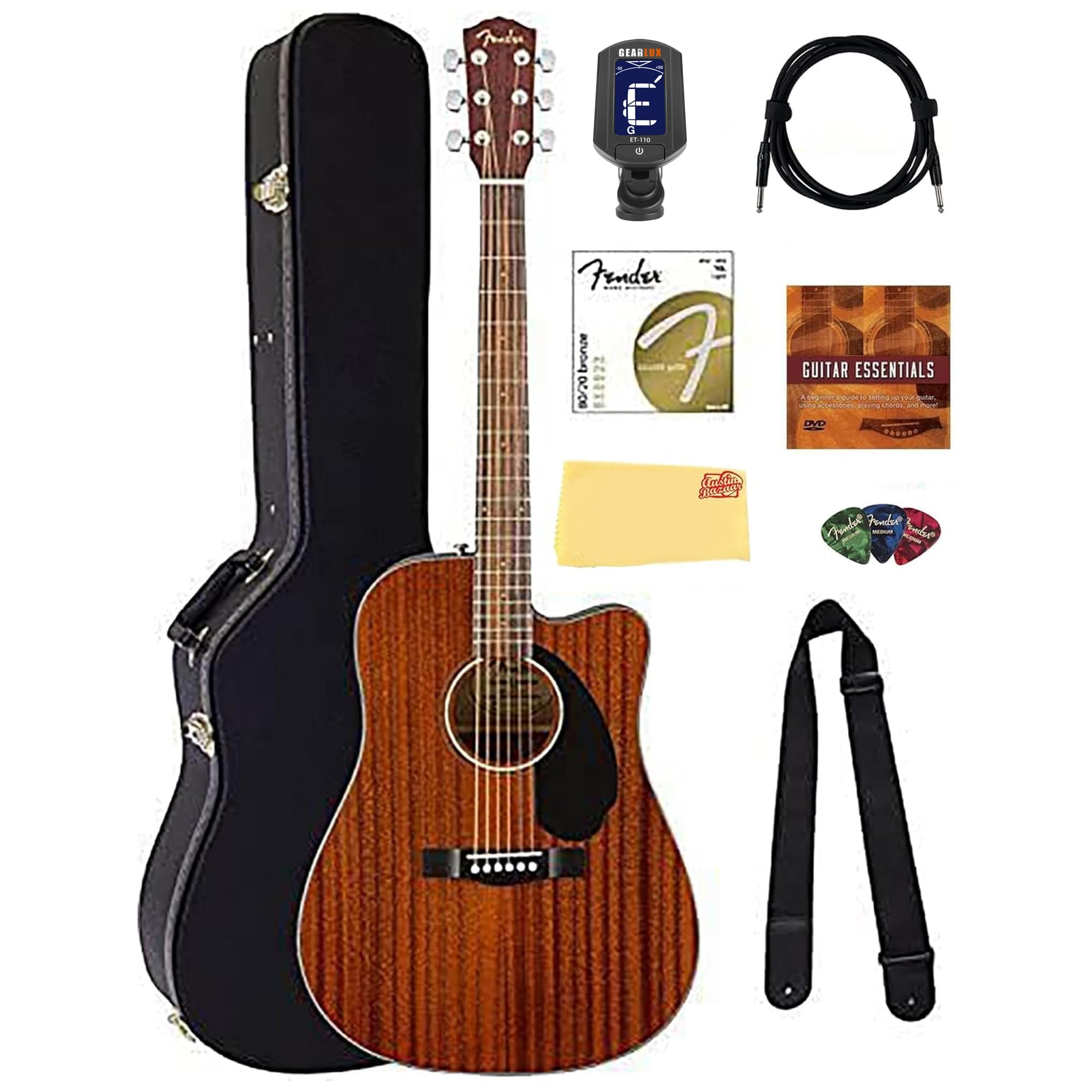 - Fender CD-60SCE Solid Top Dreadnought Acoustic-Electric Guitar - All Mahogany Bundle with Hard Case, Tuner, Instrument Cable, Strap, Strings, Picks, Austin Bazaar Polishing Cloth and Instructional DVD