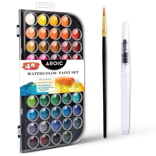 AROIC Watercolor Paint Set, with a Watercolor Paint, 48 Color, a Brush and a Refillable Water