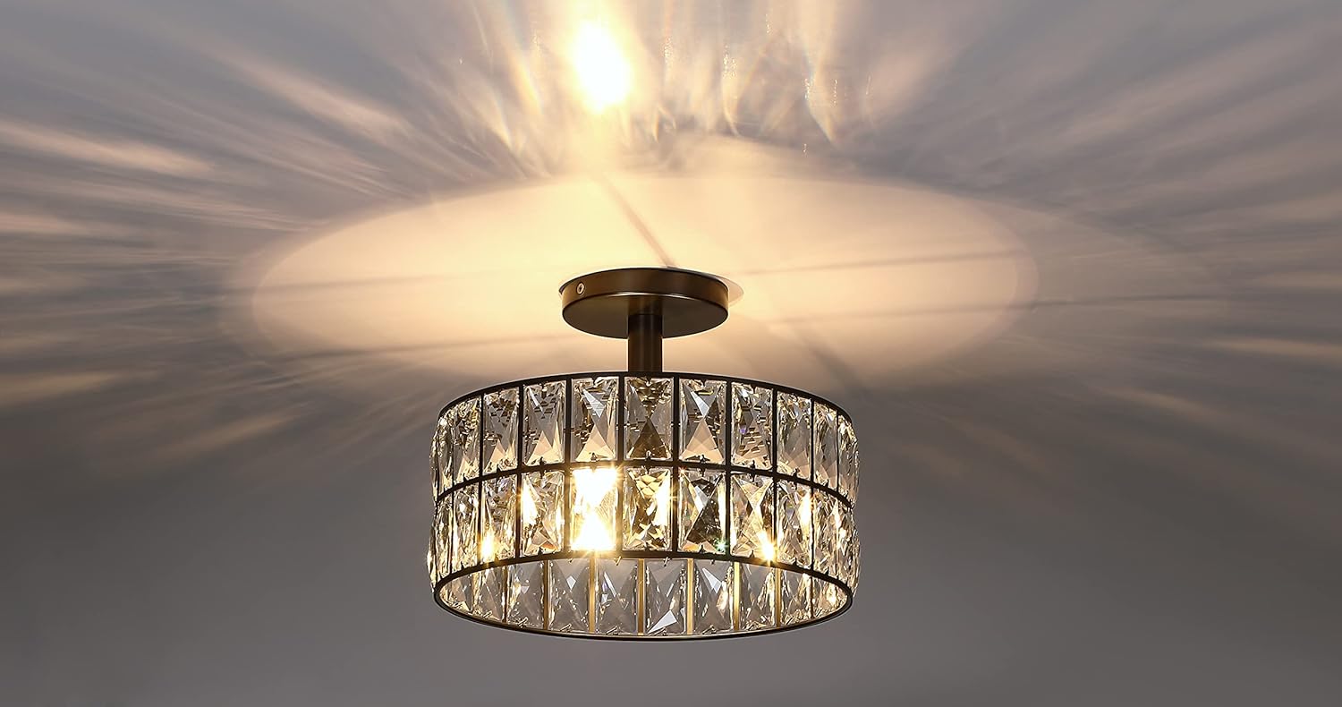 Doraimi Lighting Crystal Drum Ceiling Light Black 12 Inch 2 Light Semi Flush Mount Farmhouse Fixture for Living Room Dining Room Bedroom Kitchen Island Hallway