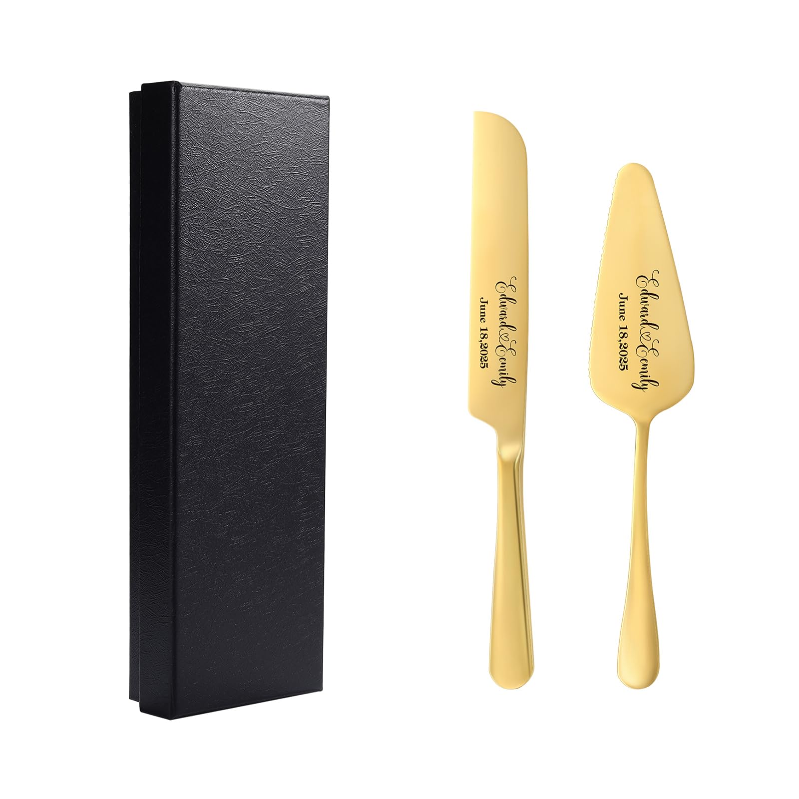 VISENSHO Personalized Wedding Cake Knife and Server Set, Custom Engraved with Name & Date, Stainless Steel Cake Cutter Gift for Wedding Anniversary (Gold)