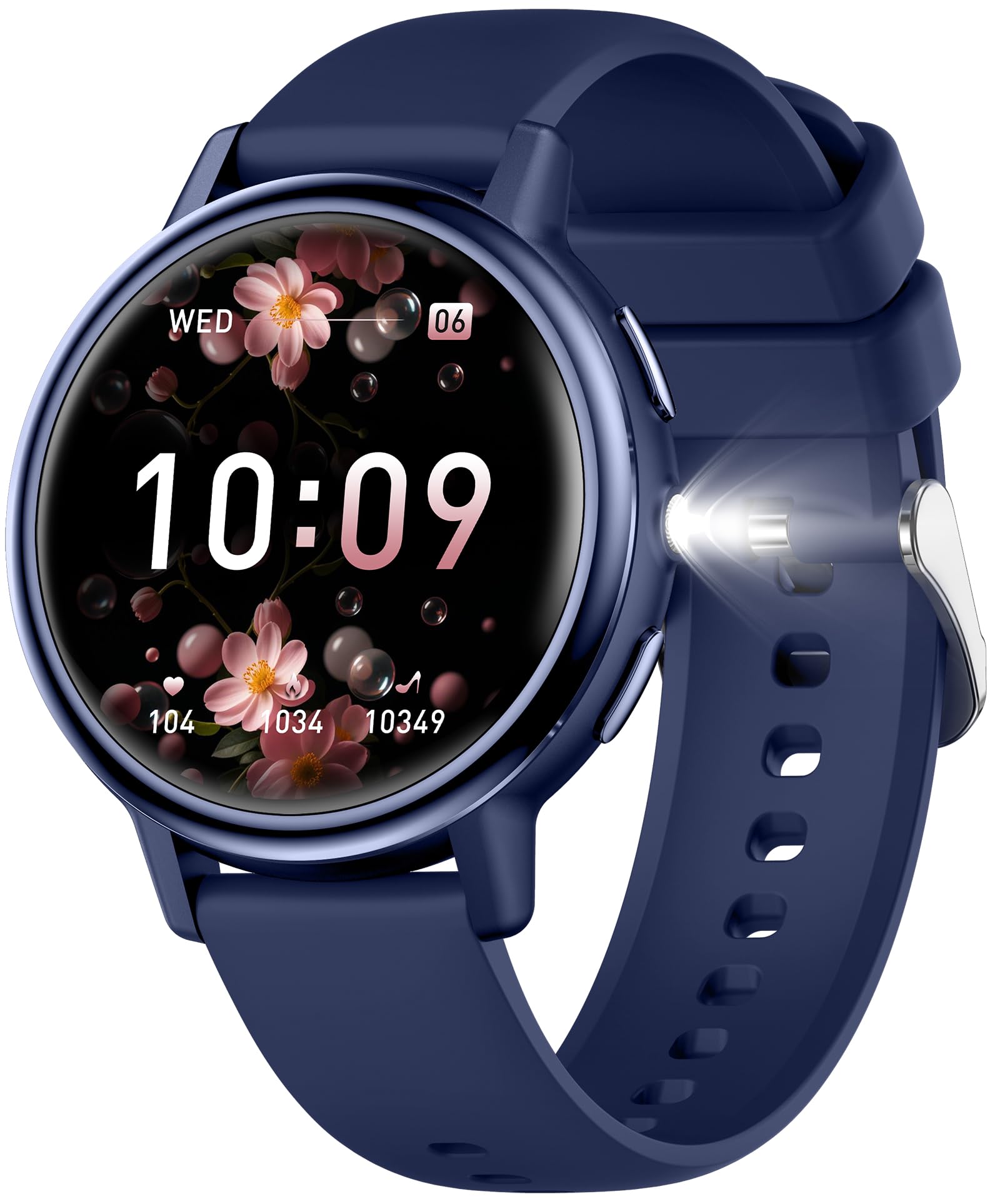 findtime Damen Smartwatch mit Telefonfunktion, 1.26" IPS Rund Touchscreen Elegante Rosa Armbanduhr mit Menstruationszyklus Schlafmonitor Schrittzähler Taschenlampe