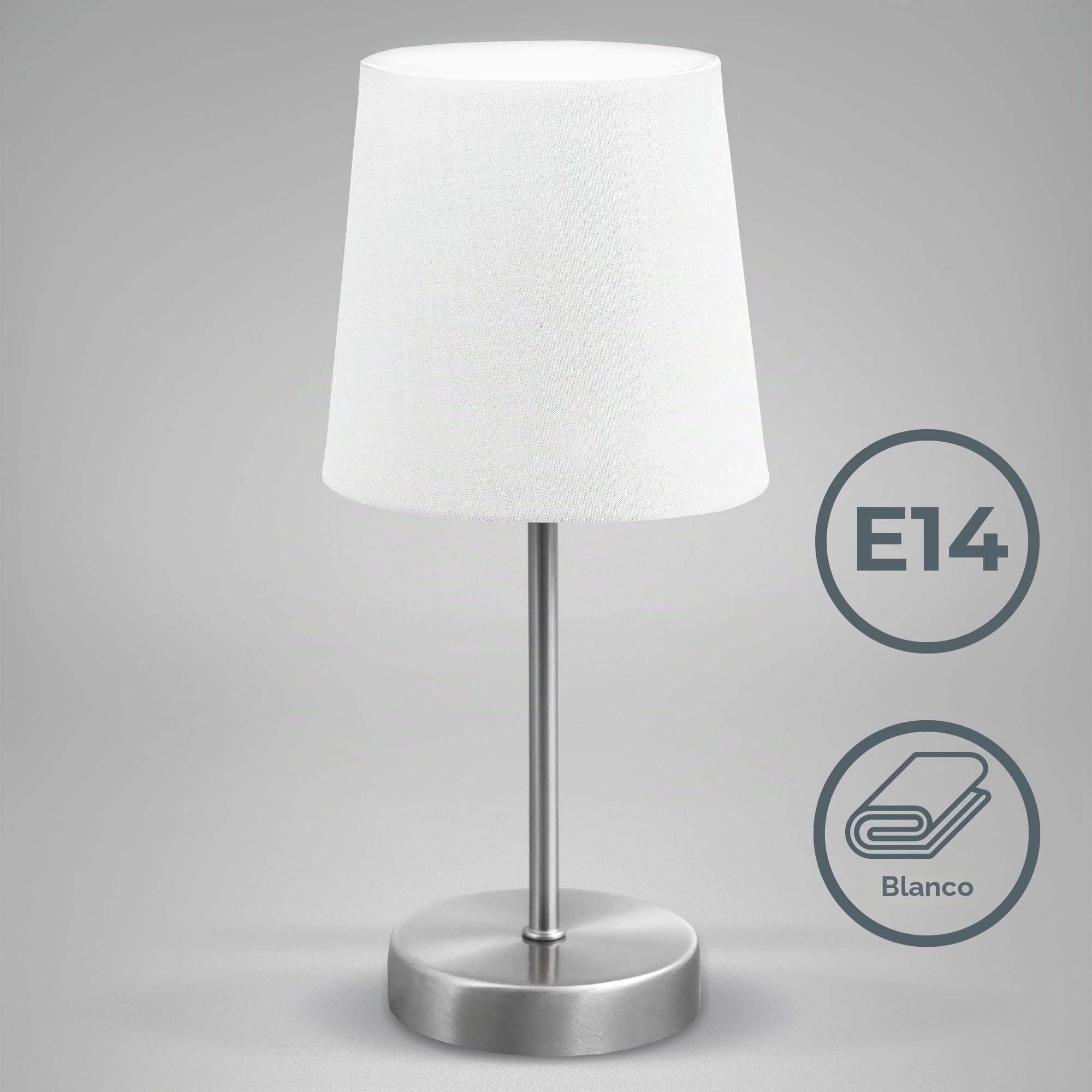 B.K.Licht - Lámpara de mesa LED con pantalla de tela, E14, con interruptor de cable, 25W, lampara de mesa, lamparas de mesita de noche, lampara mesita, lampara lectura, lampara escritorio, blanco