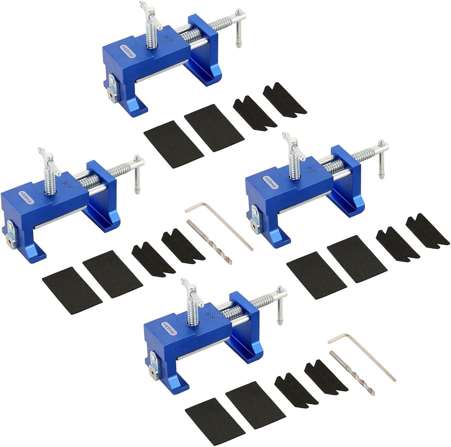 Cabinet Clamps 4 Pack – Heavy Duty Face Frame Installation Clamps with Drill Guide, Quick and Precise Cabinet Frame Alignment, 4-3/8" Jaw Opening, Protective Pads Included (4, Blue)