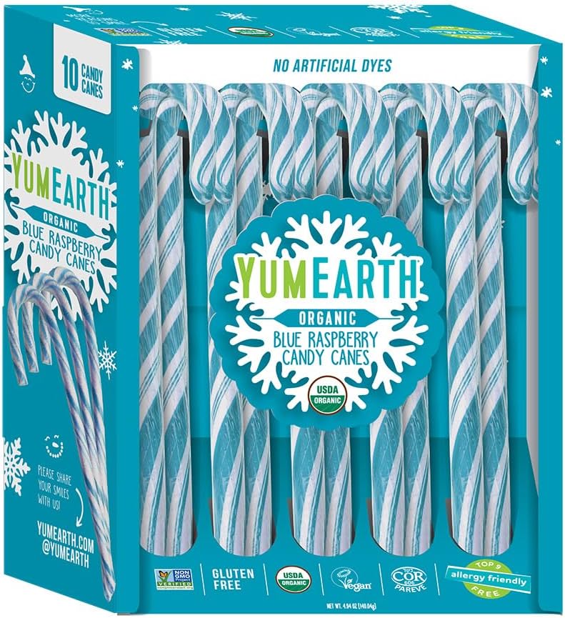 Organic Candy Canes - Individually Wrapped Full Size Blue Raspberry Candy Canes - Dye Free, Allergy Friendly, Non GMO, Gluten Free, Vegan - 10 Count (Pack of 1)