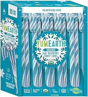 YumEarth Organic Candy Canes - Individually Wrapped Full Size Blue Raspberry Candy Canes - Dye Free, Allergy Friendly, Non GMO, Gluten Free, Vegan - 10 Count (Pack of 1)