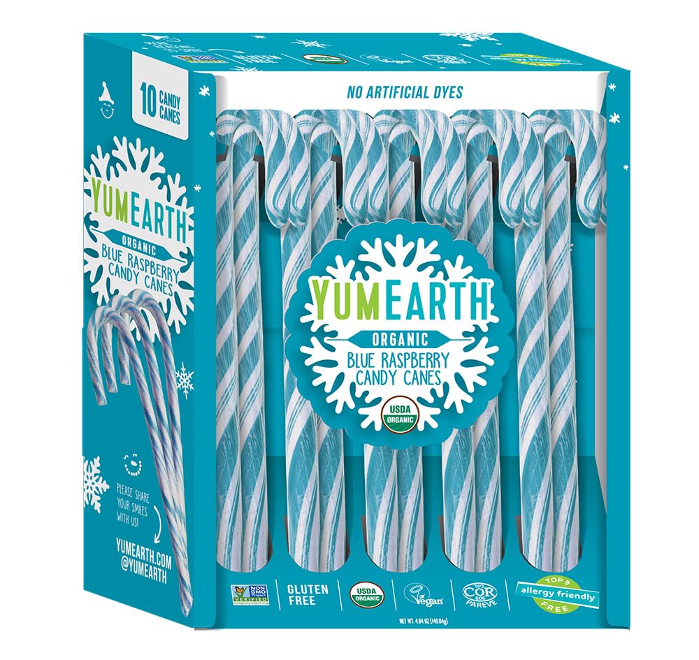 Organic Candy Canes - Individually Wrapped Full Size Blue Raspberry Candy Canes - Dye Free, Allergy Friendly, Non GMO, Gluten Free, Vegan - 10 Count (Pack of 1)