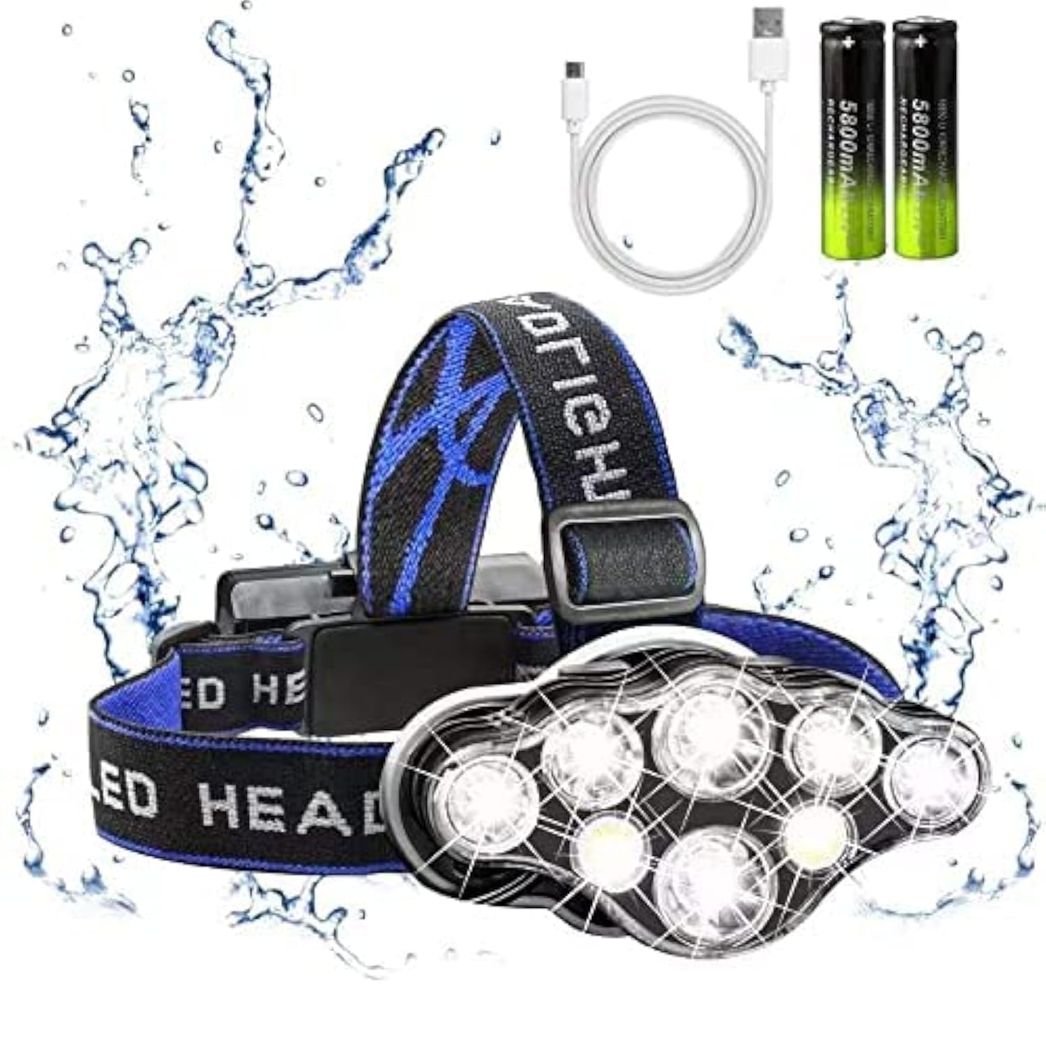 Rechargeable Headlamp, 8 LED 18000lm IPX4, Red Light Flashlight, USB Cable 8 Modes Outdoors Camping Running Fishing Hiking (Blue Headband)