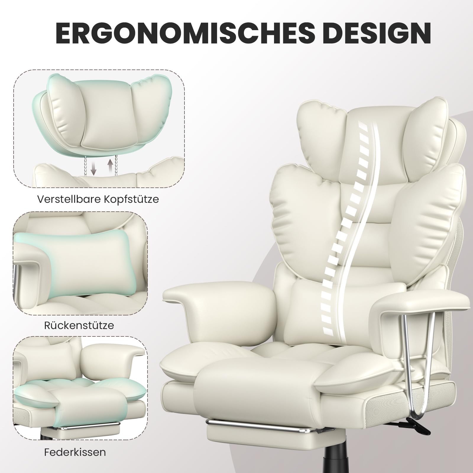 naspaluro Chefsessel Bürostuhl mit Fußstütze, ergonomischer PU-Leder Bürostuhl mit hoher Rückenlehne, Computerstuhl für Büro & Homeoffice, Weiß