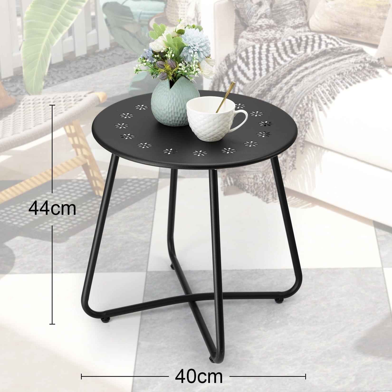 danpinera beistelltisch Outdoor, balkontisch klein, Gartentisch mit Blumenausschnitten, Kleiner beistelltisch Outdoor für Terrasse, Hof, Balkon, Garten, wetterfestes Material, Schwarz