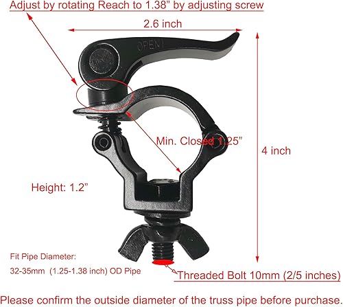 Miniatura 2 de Abrazadera de luz de escenario Abrazaderas O Carga 165lbs Heavy Duty DJ Aleación de aluminio Montaje de gancho de iluminación Ajuste 1-1/4-1-3/8