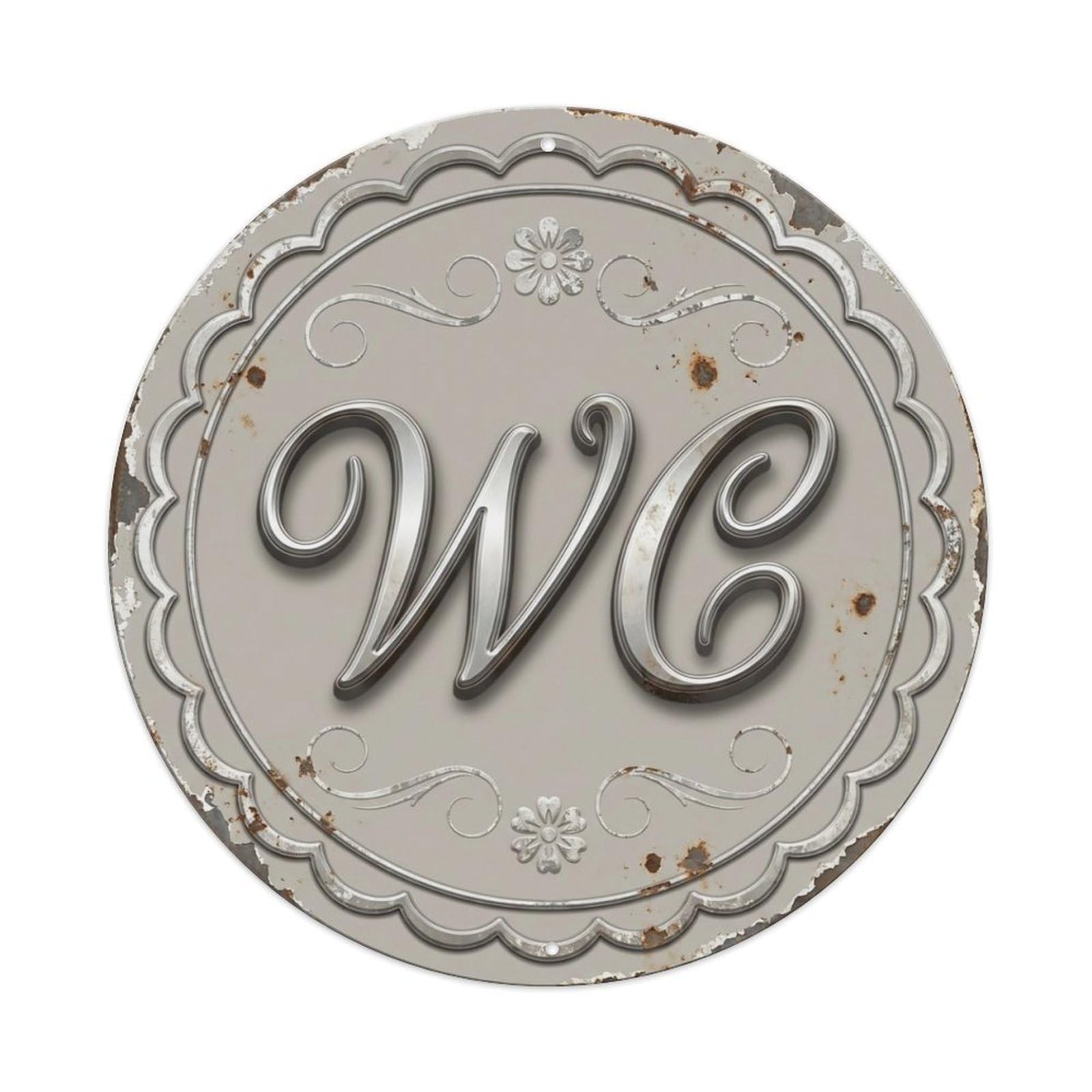 Fqcyn Style Toilet （Wc） Distressed Shabby Restroom Emblem Metal Tin Sign Plaque Wall Decor For Cafe, Club Bar, Office, Home Garden Round Metal Poster 8X8inch