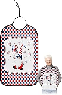 QueenKer Funny Adult Bibs for Eating, Independence Day Gnome Red Blue Plaid Waterproof Clothing Protector Washable Adult Bib with Crumb Catcher for Men Women Elderl and Seniors