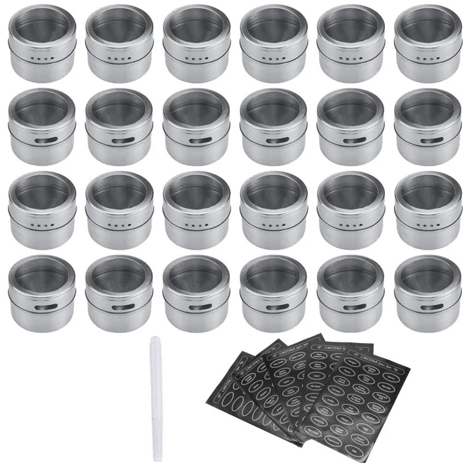 Contenitore per spezie in acciaio inox Set di barattoli magnetici for spezie con etichette e penna for lavagna Barattoli for la conservazione del pepe condimento in acciaio inossidabile(24 pcs)