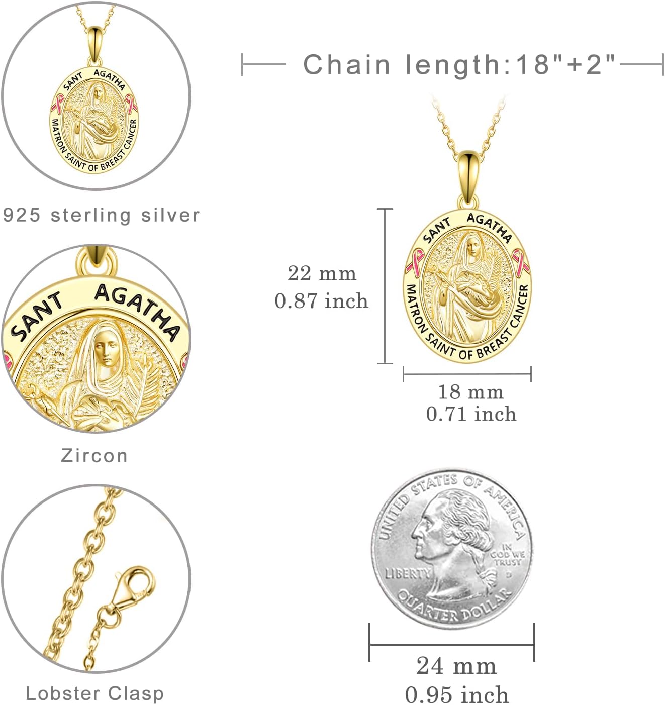 Breast Cancer Necklace 925 Sterling Silver Saint Agatha Medal Necklace Protection Amulet Miraculous medals Catholic Jewelry Gifts for Women