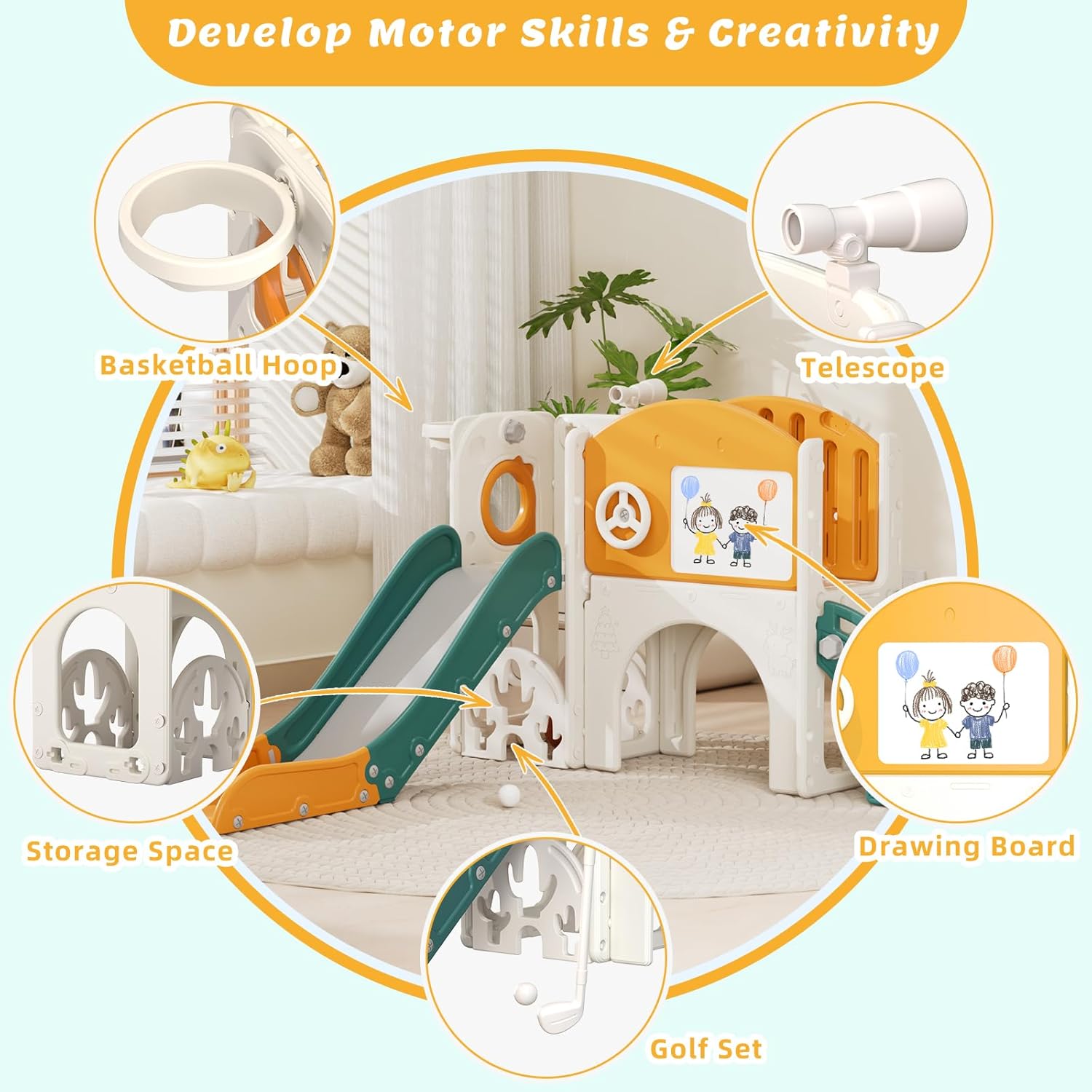 67i Indoor Toddler Slide with Drawing Board, Golf Set, Basketball Hoop - Kids Playground for 1-3 Year Olds, Non-Slip Steps & Storage Space (Green Yellow)