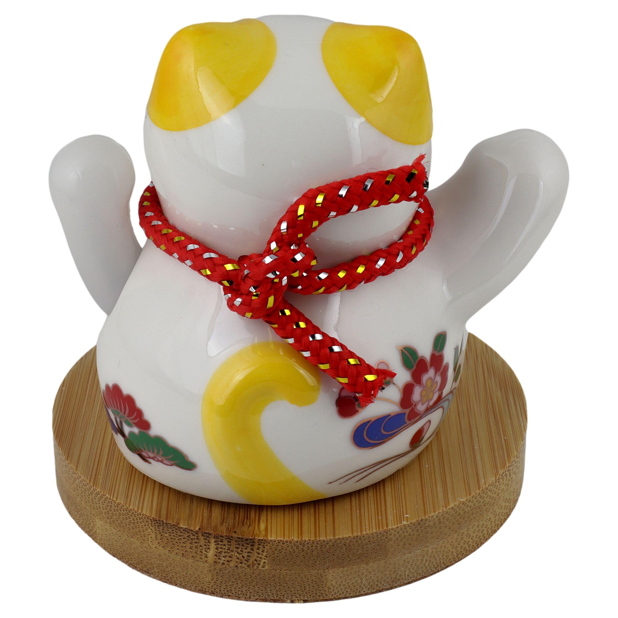 Freak Scene Agitando Gato Chino cerámica 10cm Blanco con Base de bambú Solar Maneki-Neko Gato de la Suerte de Lucky Cat Modelo 05