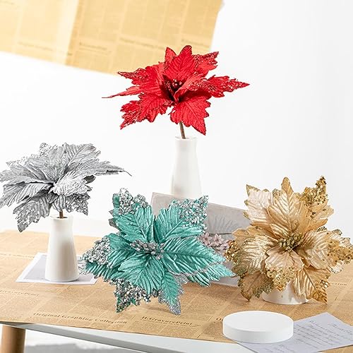 Miniatura 3 de 6 adornos para árbol de Navidad con purpurina para árbol de Navidad, flores artificiales de Navidad, accesorios florales, flores de franela