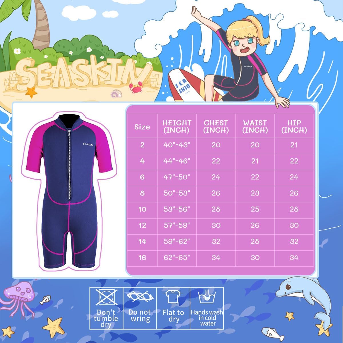 Seaskin Kids Wetsuit for Boys Girls Toddlers, 2mm Front Zipper Shorty Wetsuits, 3mm Back Zip Full Wetsuit, Neoprene Thermal Swimsuits for Diving Surfing Swim Lessons - Image 2