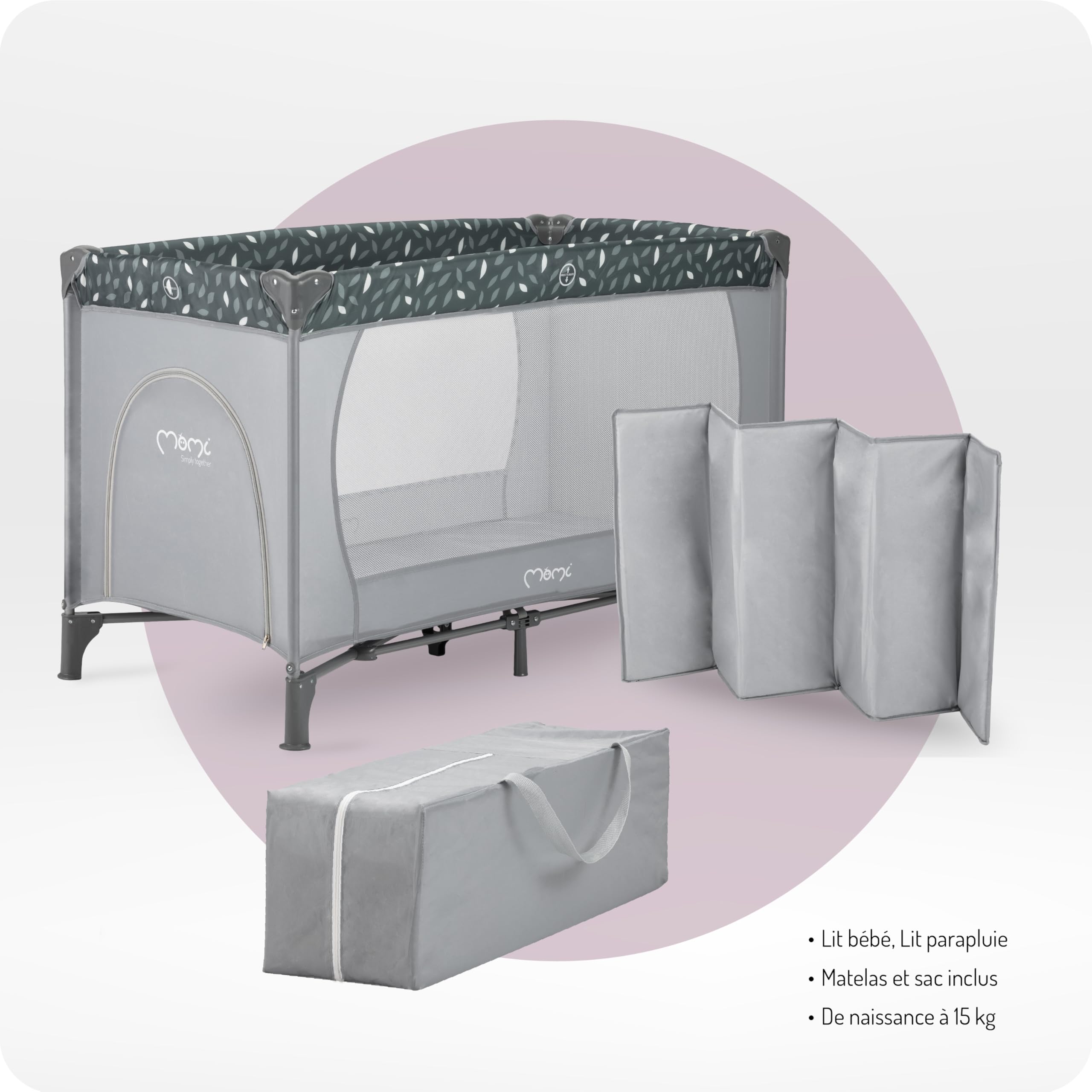 Momi Lit de Voyage BELOVE, pour Les Enfants Jusqu’à 15 kg de Poids corporel, Largeur 65 x Longueur 125 x Hauteur 78 cm (plié 21 x 23 x 80 cm), lit de Voyage pour Enfants avec Matelas, 2 Roues