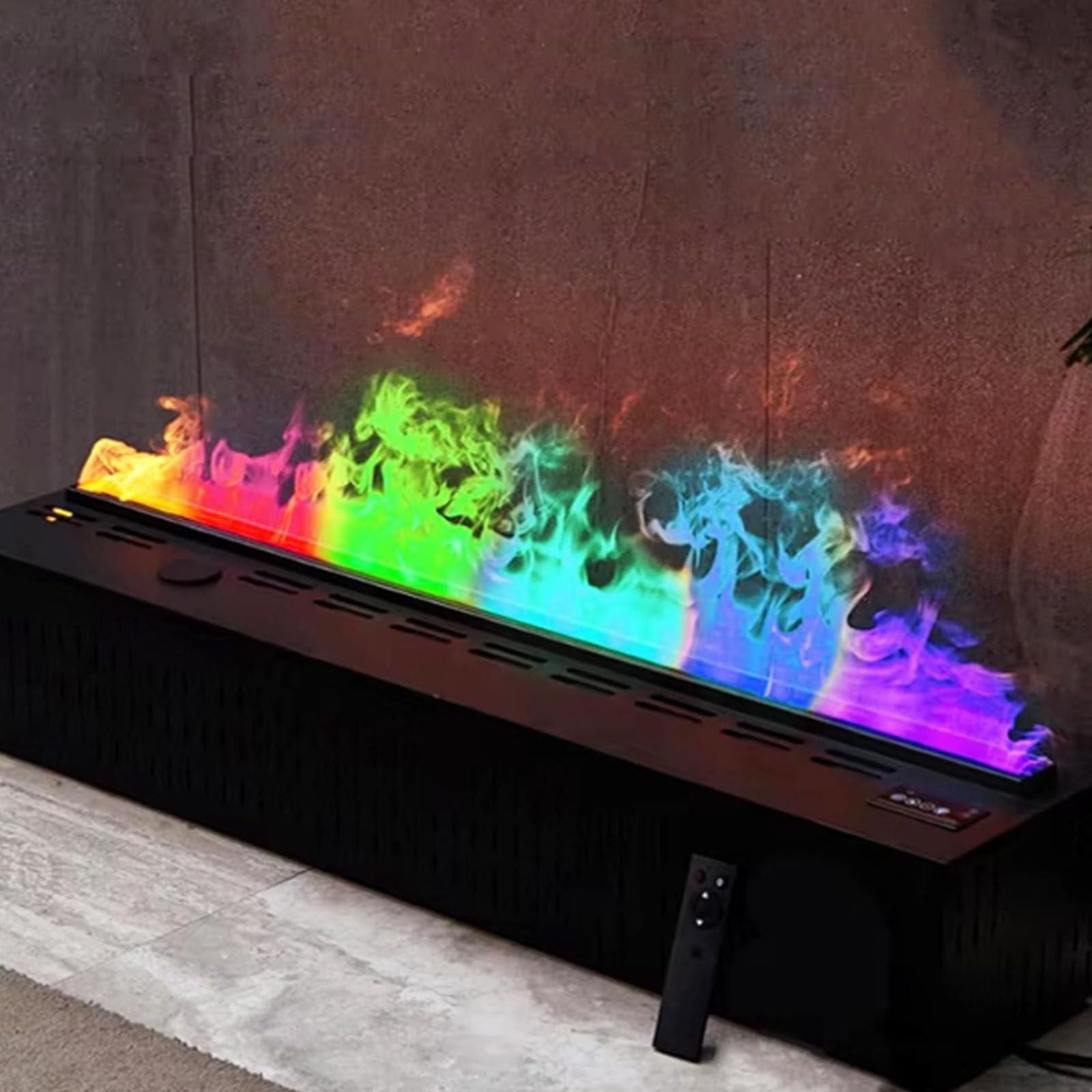 IBOWZ Kominek z atomizacją pary wodnej, wbudowany kominek 3D, symulowany atomizowany płomień, stal nierdzewna, wyświetlacz LCD, pilot zdalnego sterowania, aplikacja, wielokolorowa regulacja płomienia