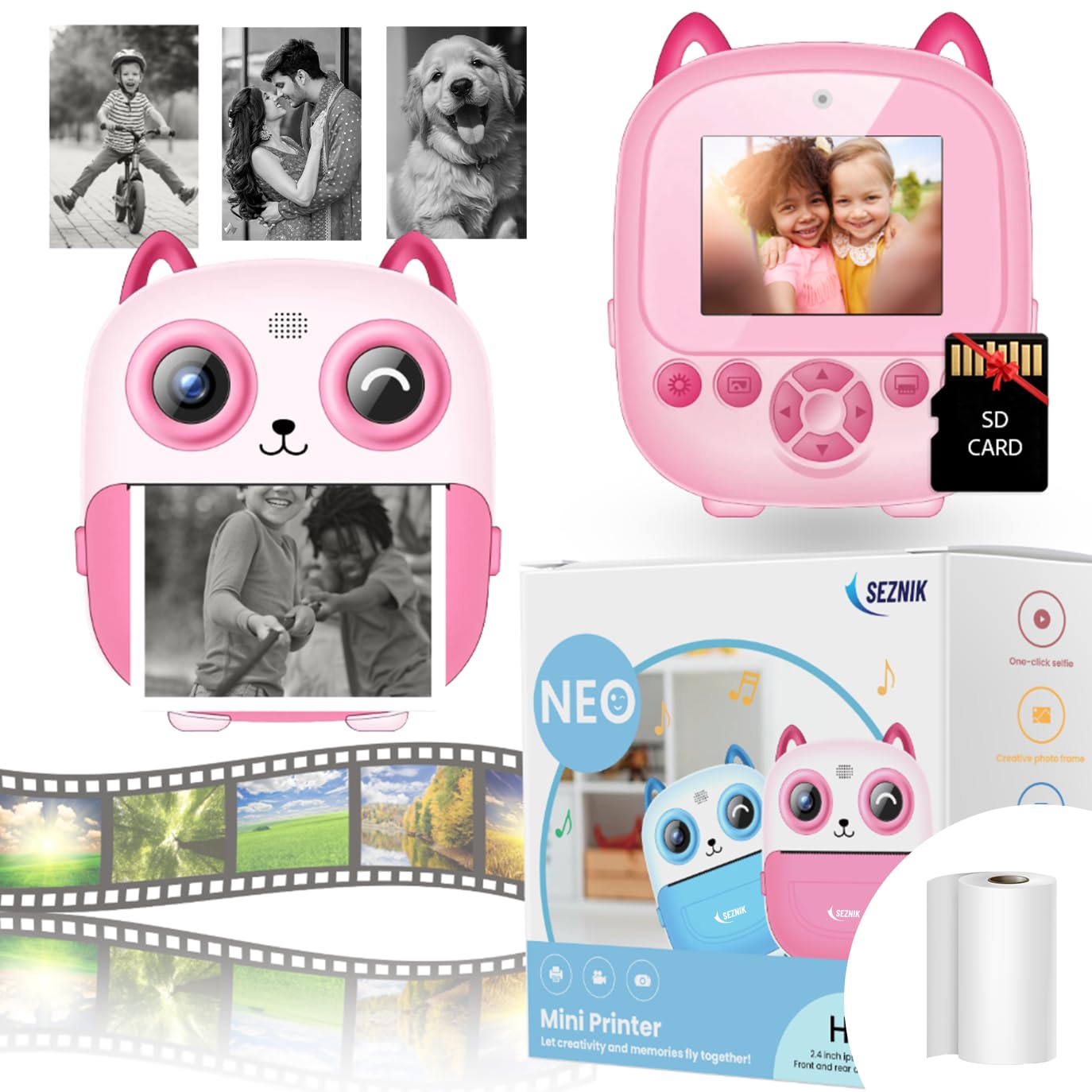 Mini Camera Printer, Click Photo Print, Inkless, Bluetooth HD Print, Android, iOS. Instant Print (Neo-Pink)