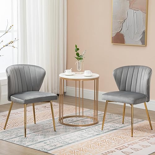 Miniatura 5 de Juego de 2 sillas de comedor de terciopelo, modernas sillas tapizadas con patas de metal dorado para comedor, cocina, tocador y patio (gris)