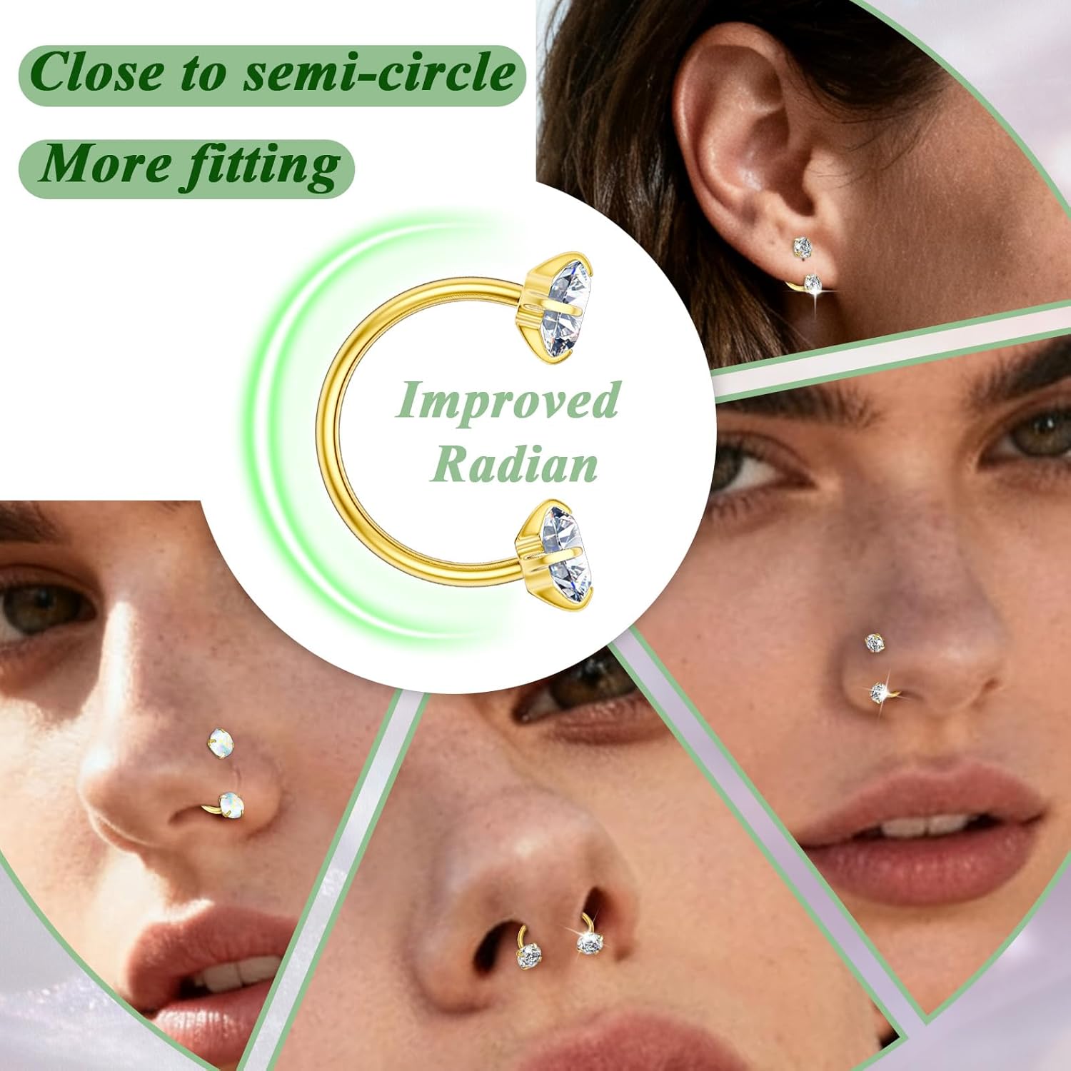 Opal Nose Ring Studs Horseshoe Nose Rings Hoops Stud 316L Stainless Steel Nose Rings Round CZ Square Screw L Shaped Nose Stud Hypoallergenic Nostril Piercing Jewelry for Women Men - Image 5