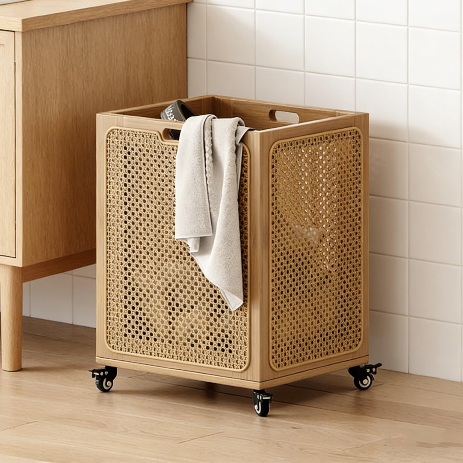 Folding Laundry Basket Household Storage Bamboo with Wheels,Rolling Hamper with Handle,Rattan Weaving Craftsmanship