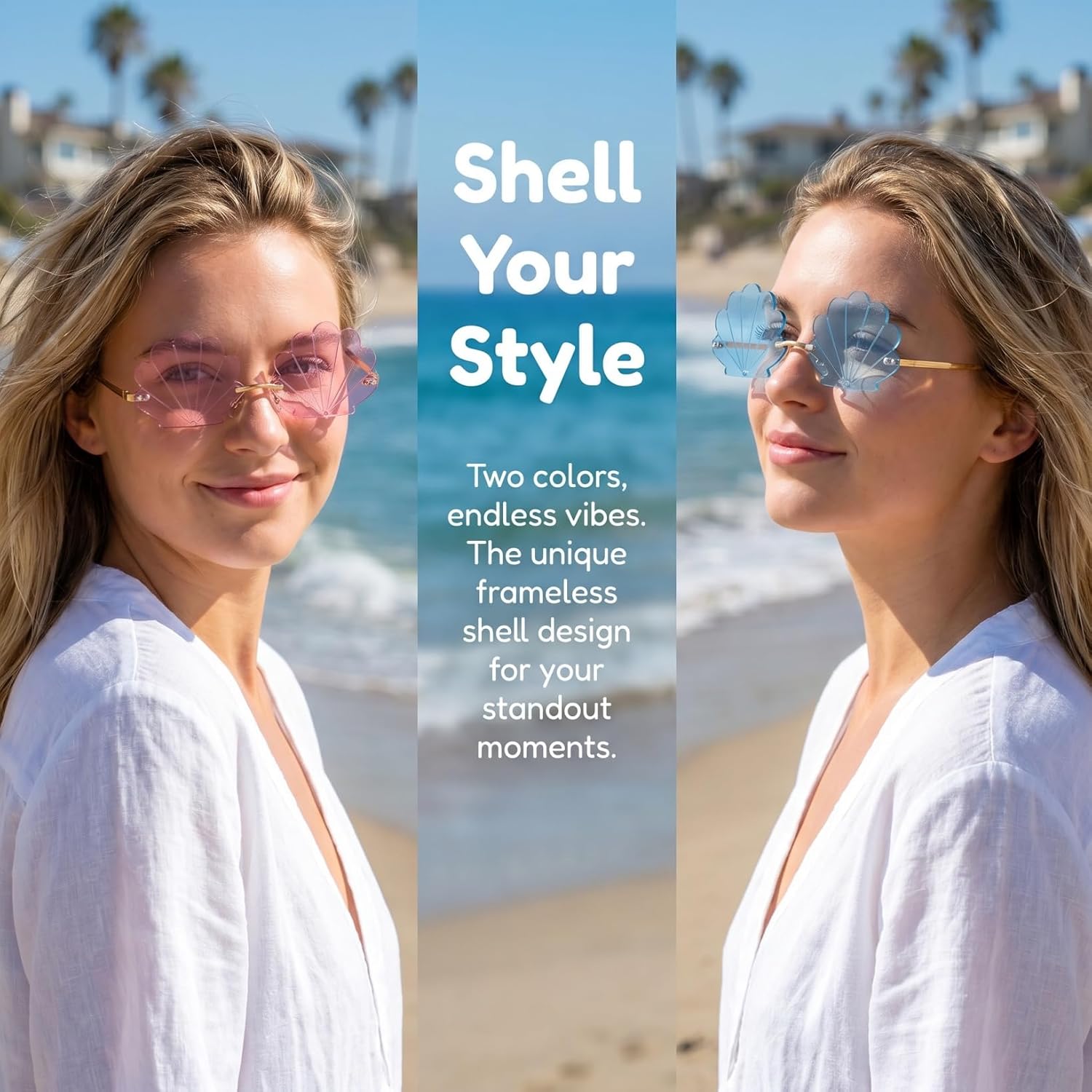 Angoily 3PCS Rimless Seashell Sunglasses, UV Protection Fun Glasses for Themed Events Lightweight Comfortable Eyewear Hawaiian Summer Photo Props Beach Party Eyewear for Women Mermaid Accessories