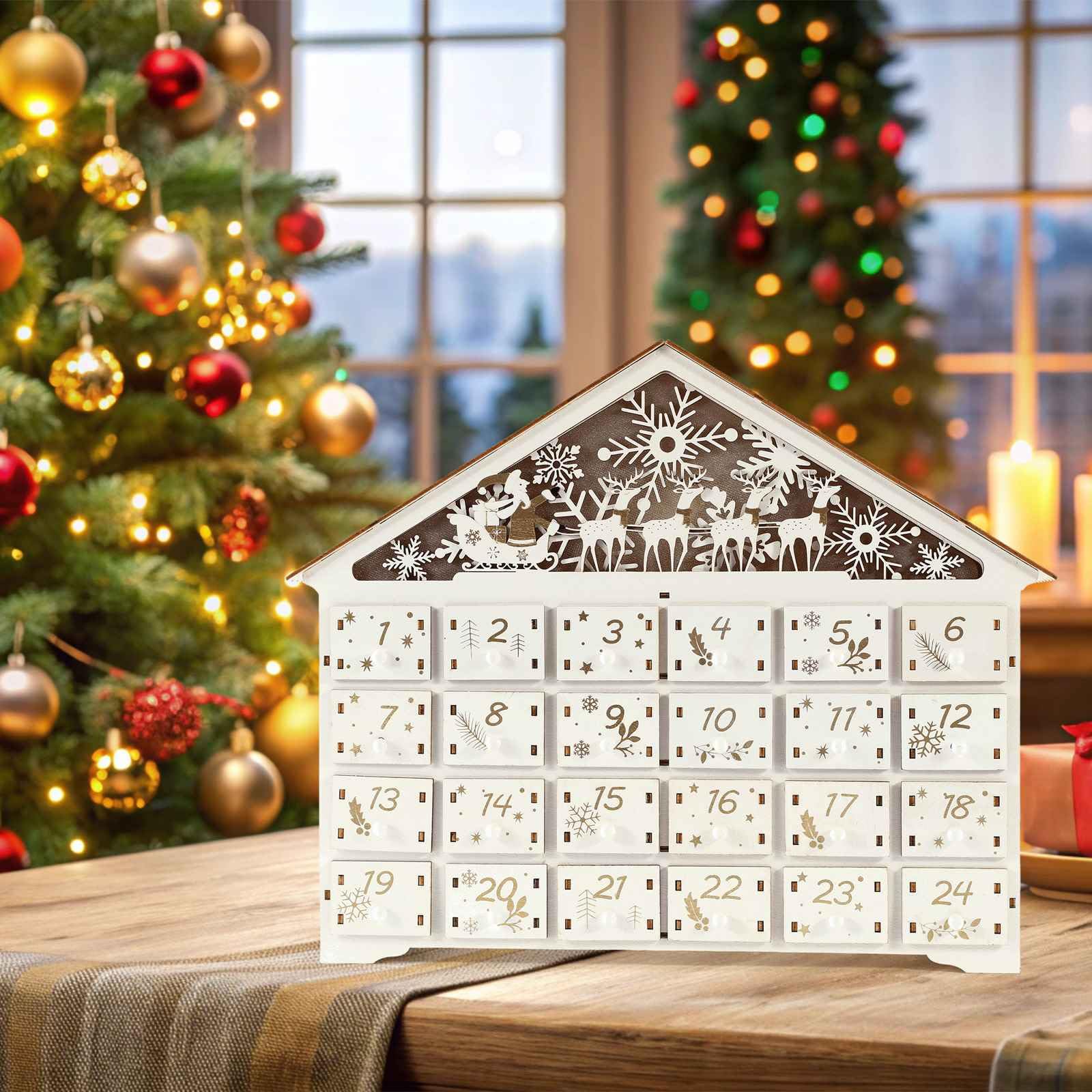 Calendario Ee dell'Avvento in legno con luci a LED,Casa con 24 cassetti di stoccaggio, calendario dell'Avvento da riempire da soli per bambini, decorazione natalizia (cervo bianco)