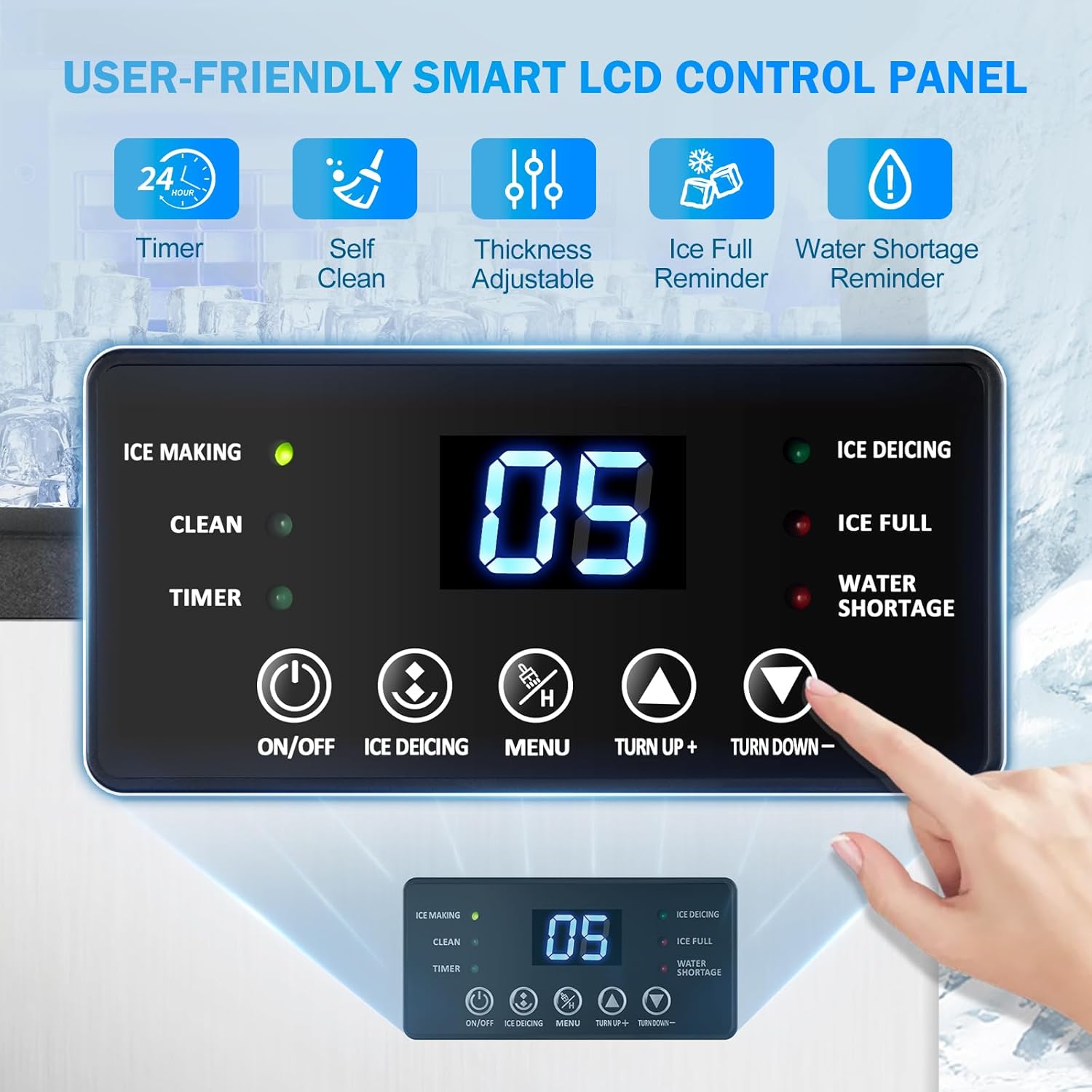 Close-up of the TAZPI Commercial Ice Maker Machine's smart LCD control panel with buttons for Timer, Self Clean, Thickness Adjustable, Ice Full Reminder, and Water Shortage Reminder.