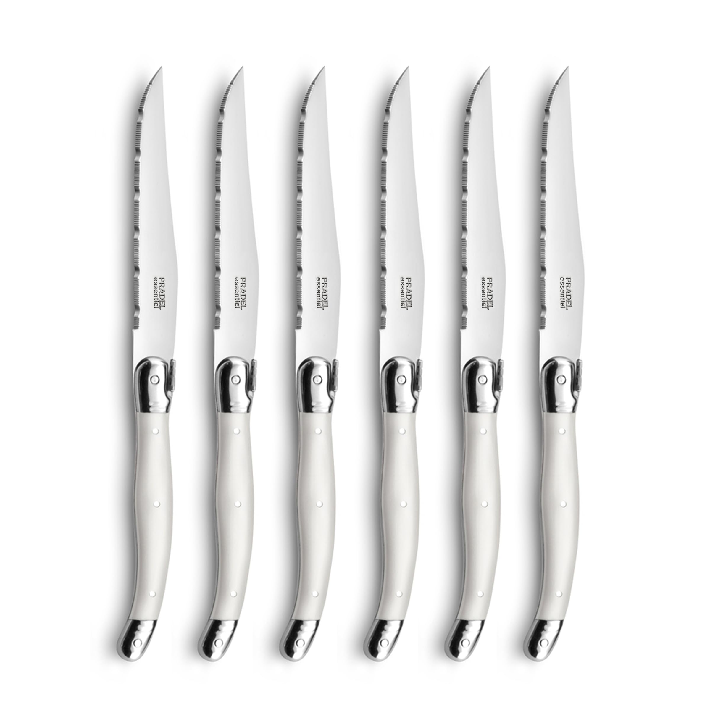 Lou Laguiole Rustic Set of 6 Steak Knives – Pearl Stainless Steel Steak Knife Set – Serrated Blades for Effortless Cutting – Dishwasher Safe Table Knives
