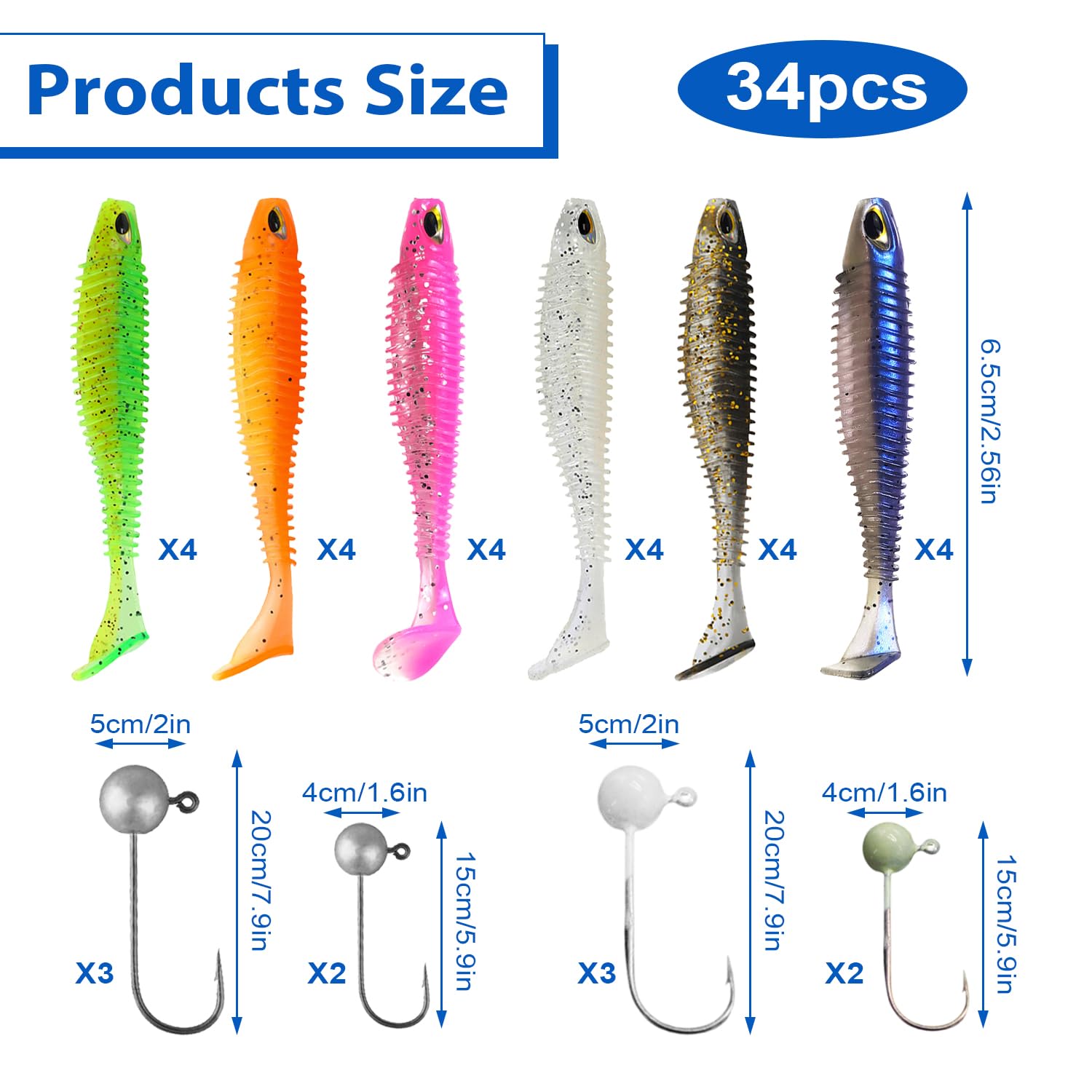 34 Piezas Señuelos de Pesca Spinning para Black Bass y Mar - Kit con 24 Cebos (6 Colores), 10 Ganchos (2 Tamaños, 5 Brillan en la Oscuridad)