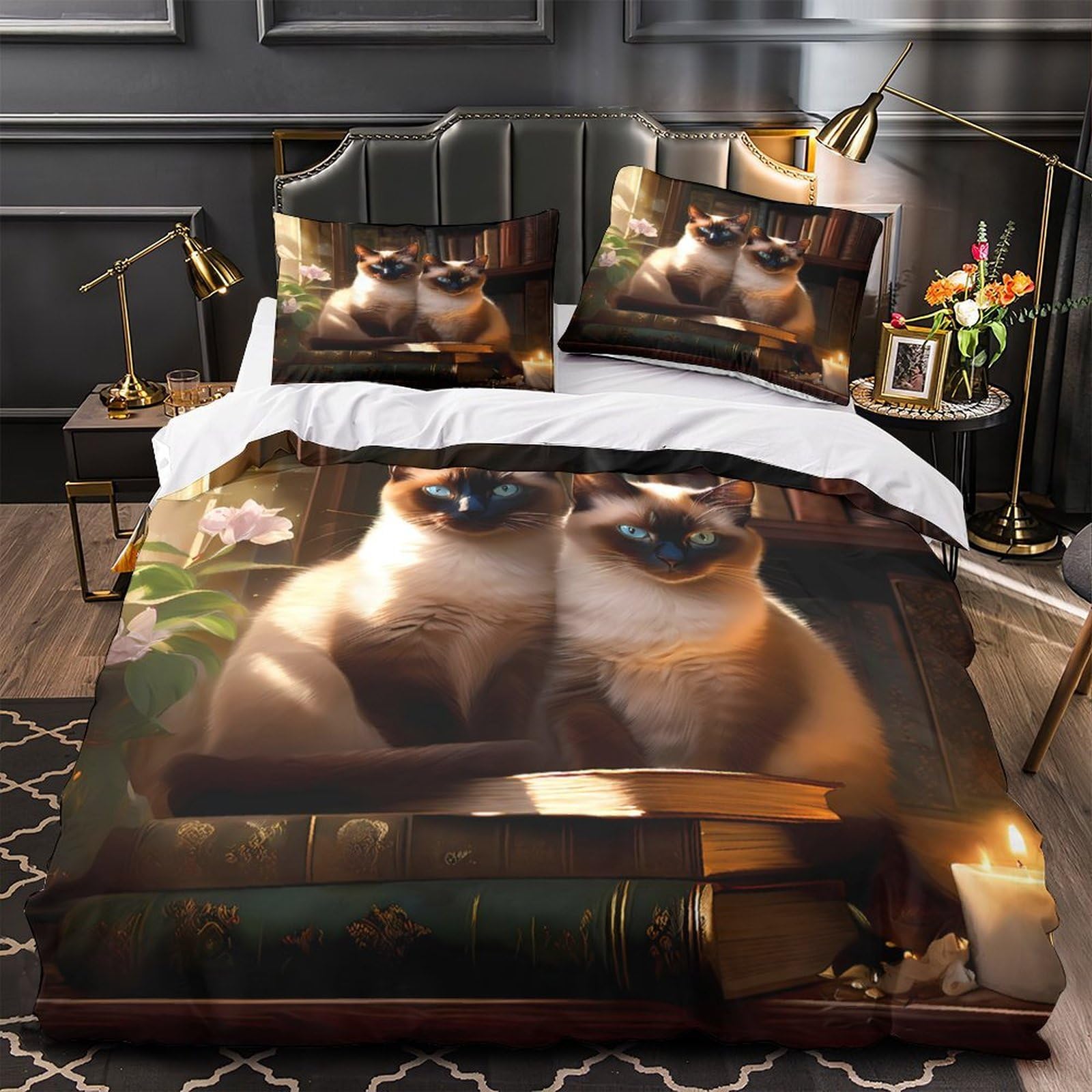 MMDASBVPE Siamese Cats Quilt Cover 3D Print Extra Soft 3PCs Bed Linen Hidden Zipper Cozy Indoor Scene Duvet Cover Premium All Season for Adults Teens Women Kids Girls Boys Youth King（220x240cm）