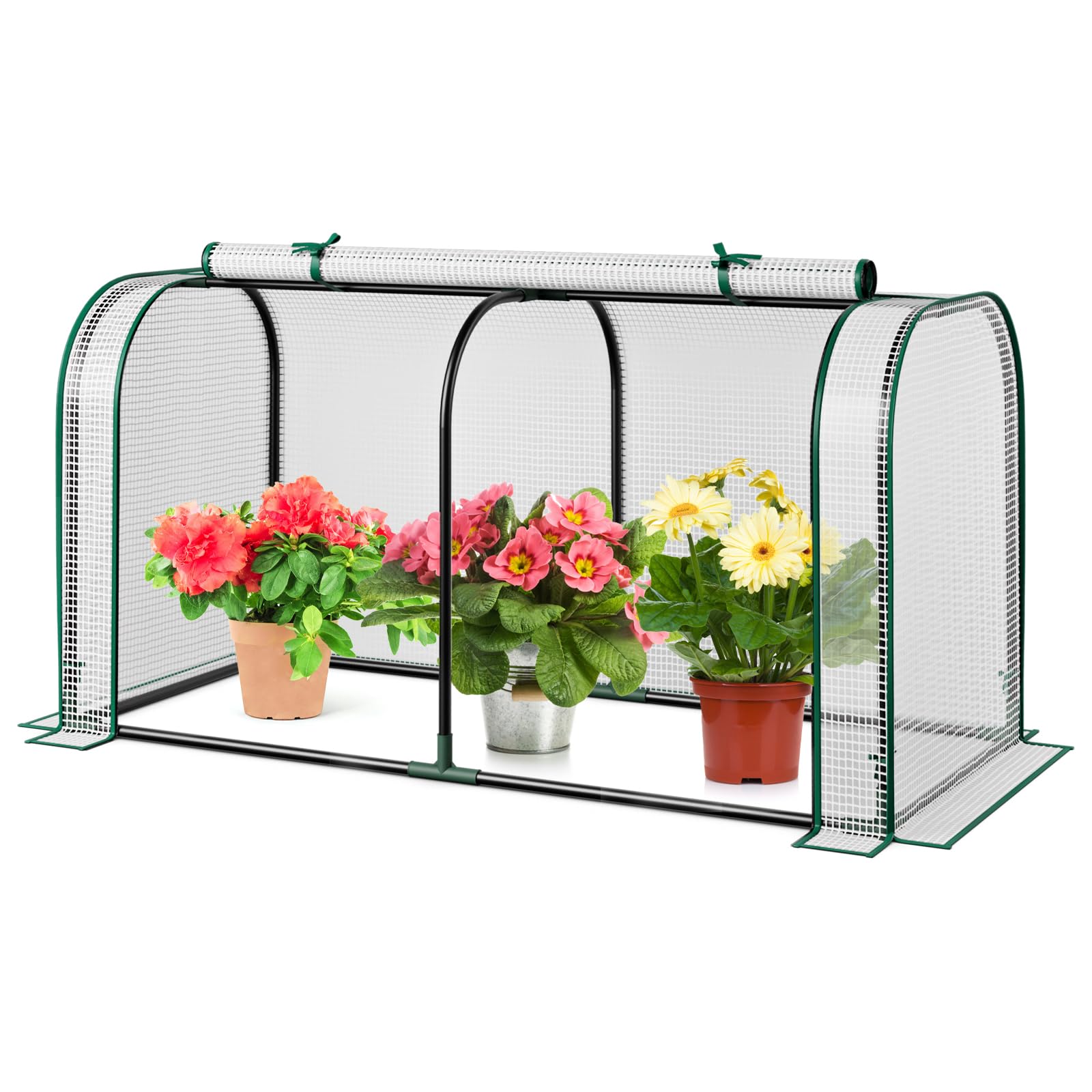 Happygrill Portable Mini Greenhouse, 47" x 22" x 24" Green House w/ Roll-up Zipper Door, Metal Frame, Waterproof Sun-Protective PE Cover, Small