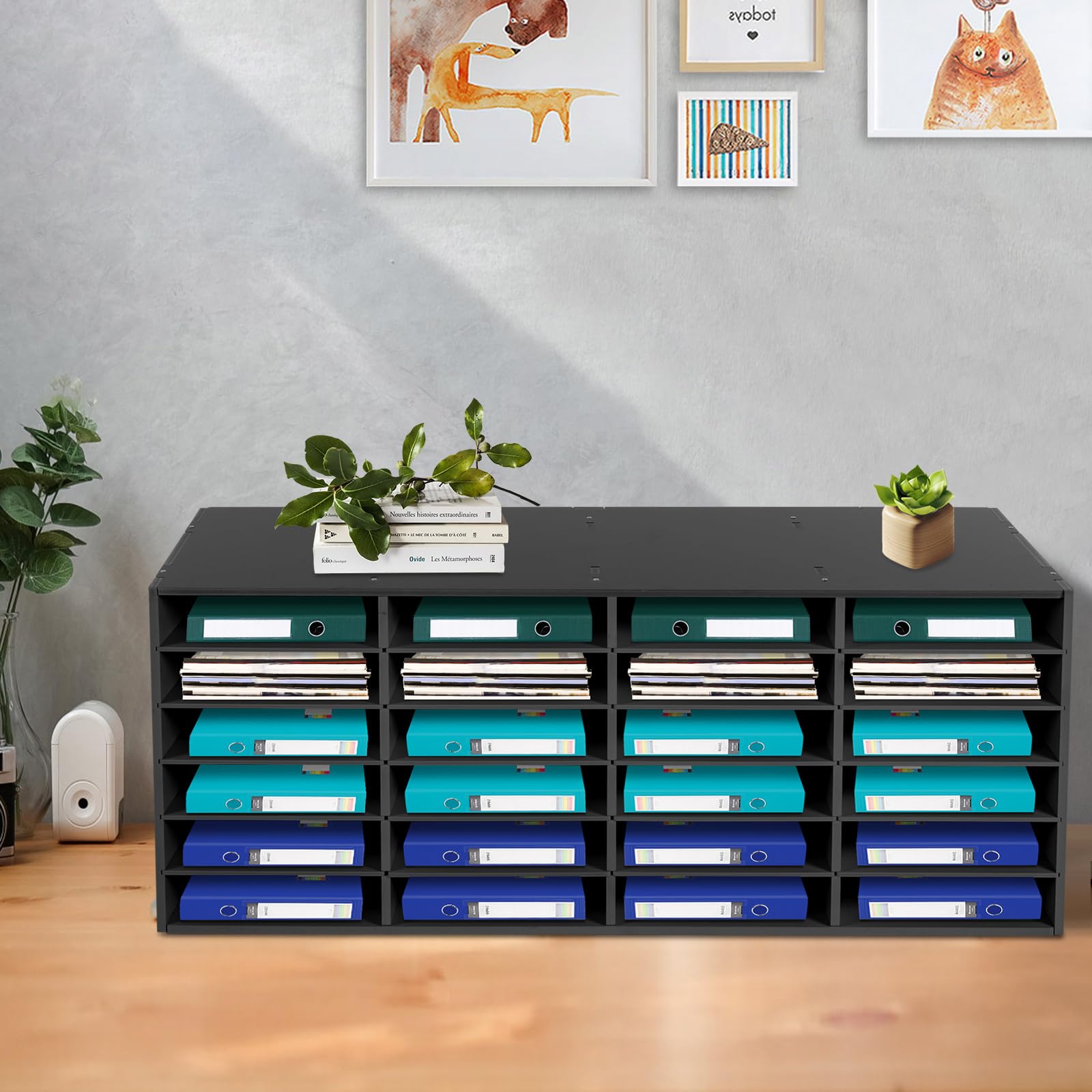 24 Fächer A4 Literaturorganizer Desktop Dokumentenablage Schwarz PVC Literatur Organizer Dokumentenhalter Briefablage Schreibtisch Ablagefach für Hause, Bibliothek, Büro, Klassen 100 x 30 x 42cm