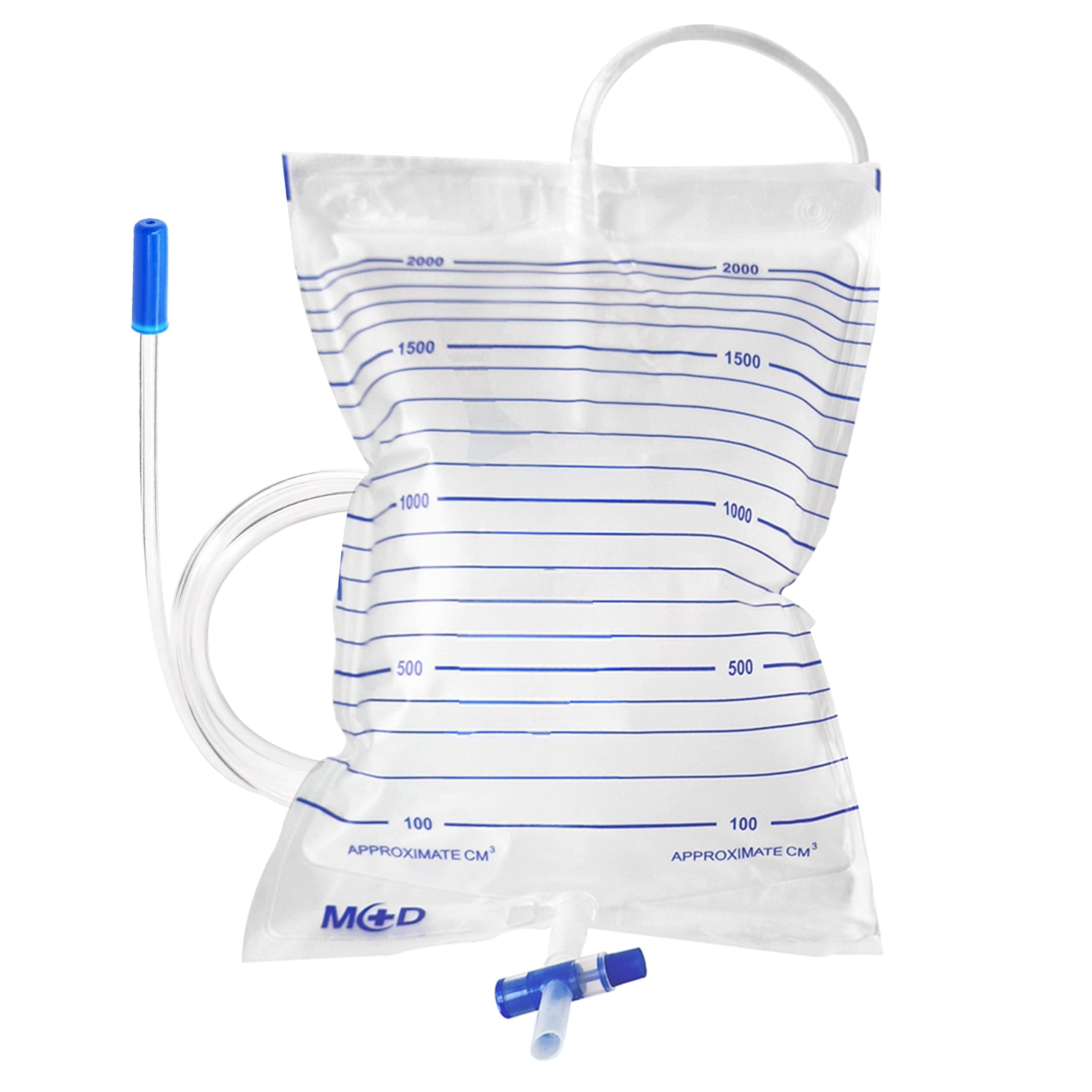 Sacche per urina da letto 2 litri tubo 130 cm con rubinetto di scarico a croce (T) e valvola antireflusso (100 pz)