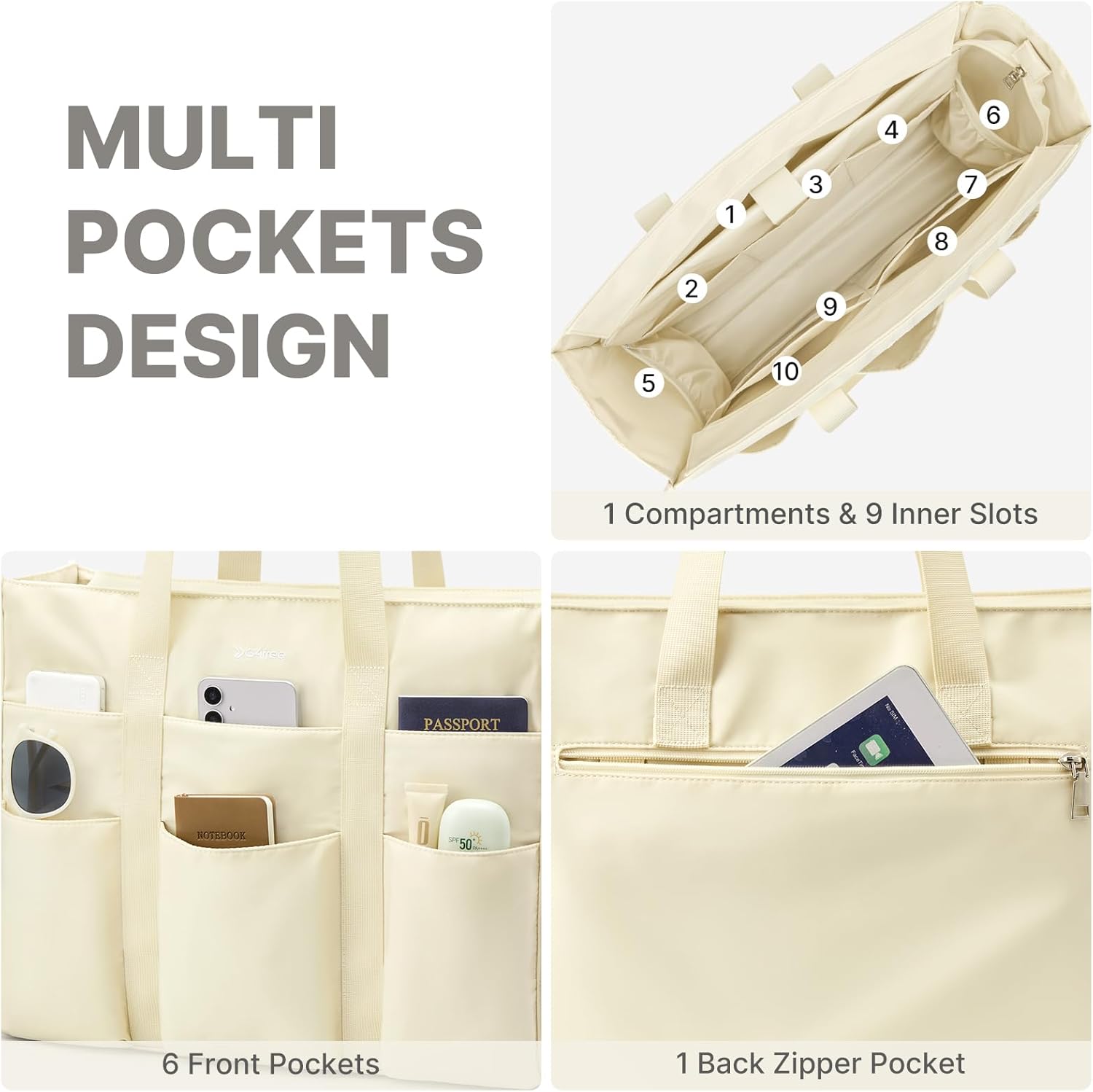 G4Free Tote Bag for Women, Multi-Compartment Large Capacity Work Bag with Zipper Top Handle, Shoulder Bag for Travel