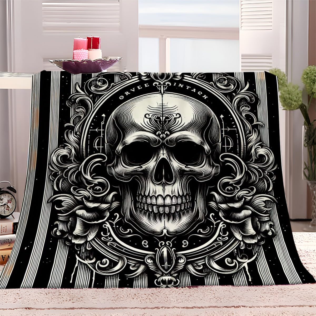 Couverture plaid polaire tête de mort 200x200 cm noir en microfibre douce pour canapé et lit