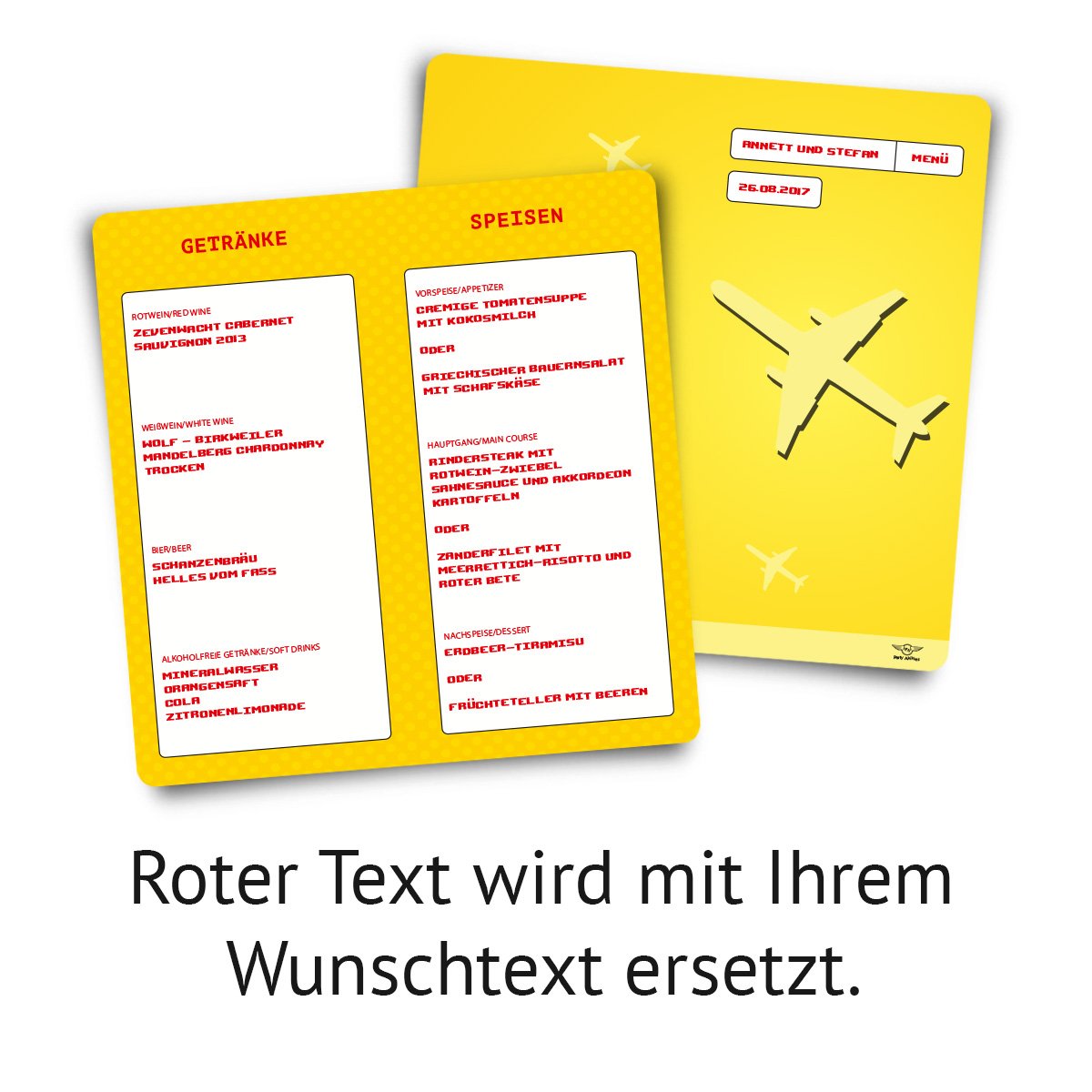 Menükarten Hochzeit (100 Stück) - Flugticket Motiv - Speisekarte Getränkekarte in Gelb