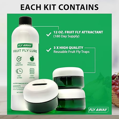 Miniatura 7 de Fly Away - Kit de trampa para moscas de la fruta: 3 trampas reutilizables para moscas de la fruta para interiores + 12 oz. Cebo líquido. Acción