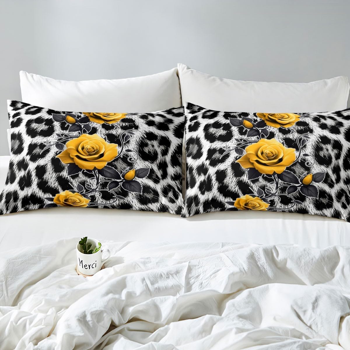 Erosebridal Yellow Rose Fitted Sheet Full Size for Adults Men Women,Valentine's Day Floral Bedding Set Leopard Print Rose Bed Sheets Animal Fur Sheets 2 Pillow Cases