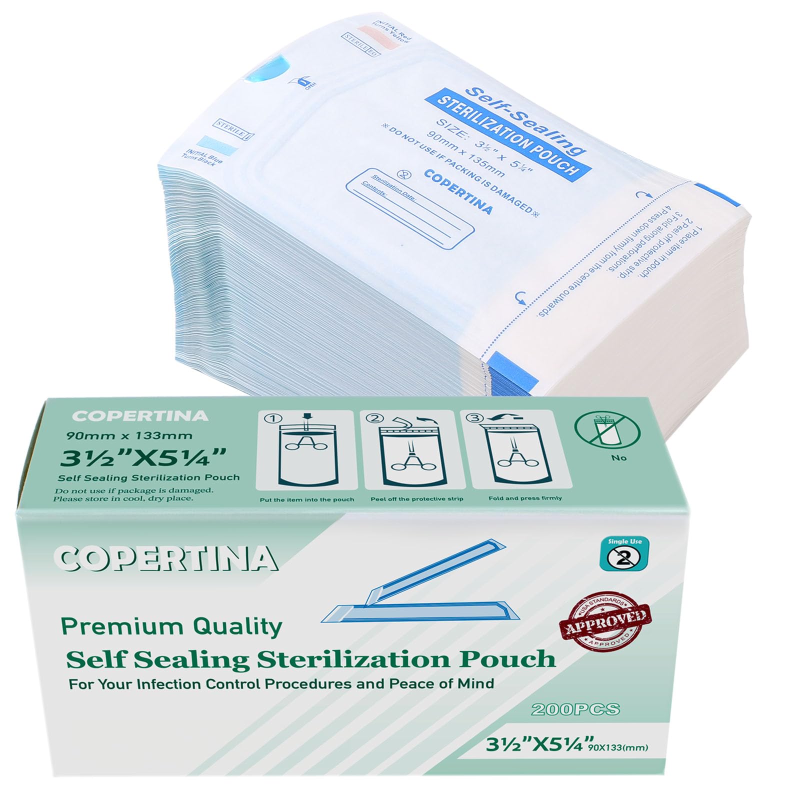 JEVOLVE 1000 Pcs Self Sealing Sterilization Pouches 3.5” x 5.25” | Dual Indicators Autoclave Sterilizer Bags for Dental Medical Instruments Clean