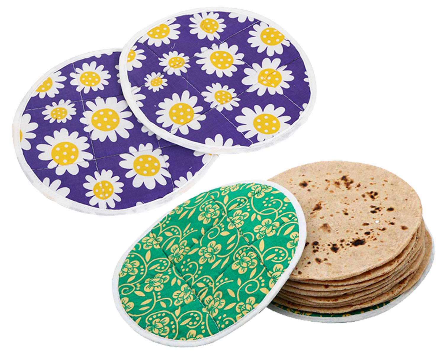 Kuber Industries Cotton 4 Pieces Roti Cover/Chapati Cover/Roti Rumals (Green & Purple) 2 Piece Top & 2 Piece Bottom - CTKTC032569