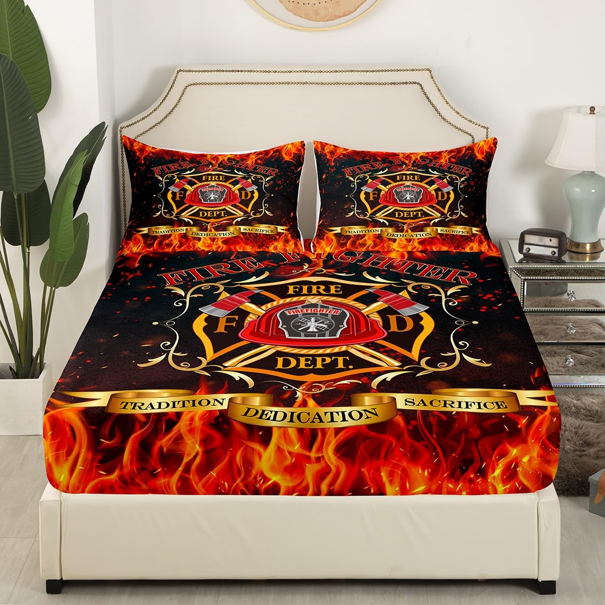 Castle Fairy Firefighter Theme Sheet Set,Kids Red Flame Bed Sheets Set,Fireman Sign Bedding Set for Boys Teens Sheets Soft Room Decor Twin Size(1 Flat Sheet+1 Fitted Sheet+1 Pillowcase)