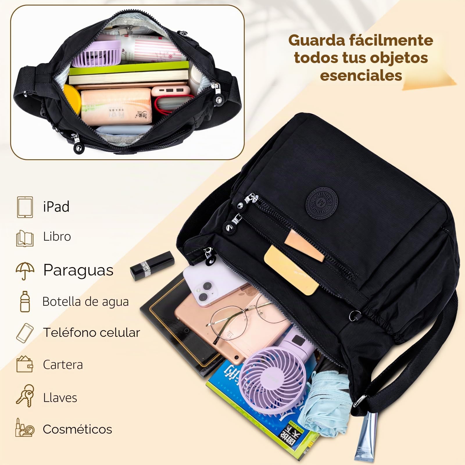 Bolso Bandolera Mujer Grande, Bolso de Hombro Nylon Impermeable con Correa Ajustable Bolsos Bandolera Mujer con Múltiples Bolsillos Bolso Crossbody Mujer Casual Ligero