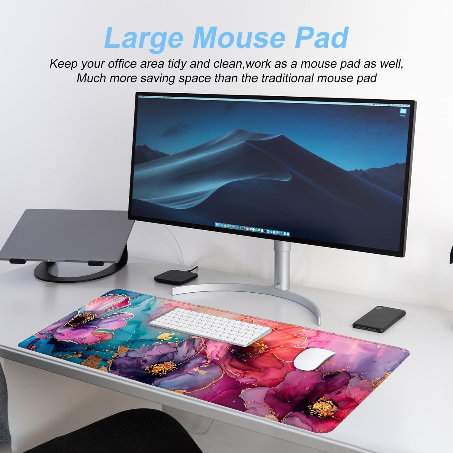 Floral Mouse Pad XXL – Large Desk Mat with Abstract Alcohol Ink Flowers in Pink, Purple & Teal, Extended Mousepad with Non-Slip Base for Office, Workstation, Gifts,31.5 x 11.8 in