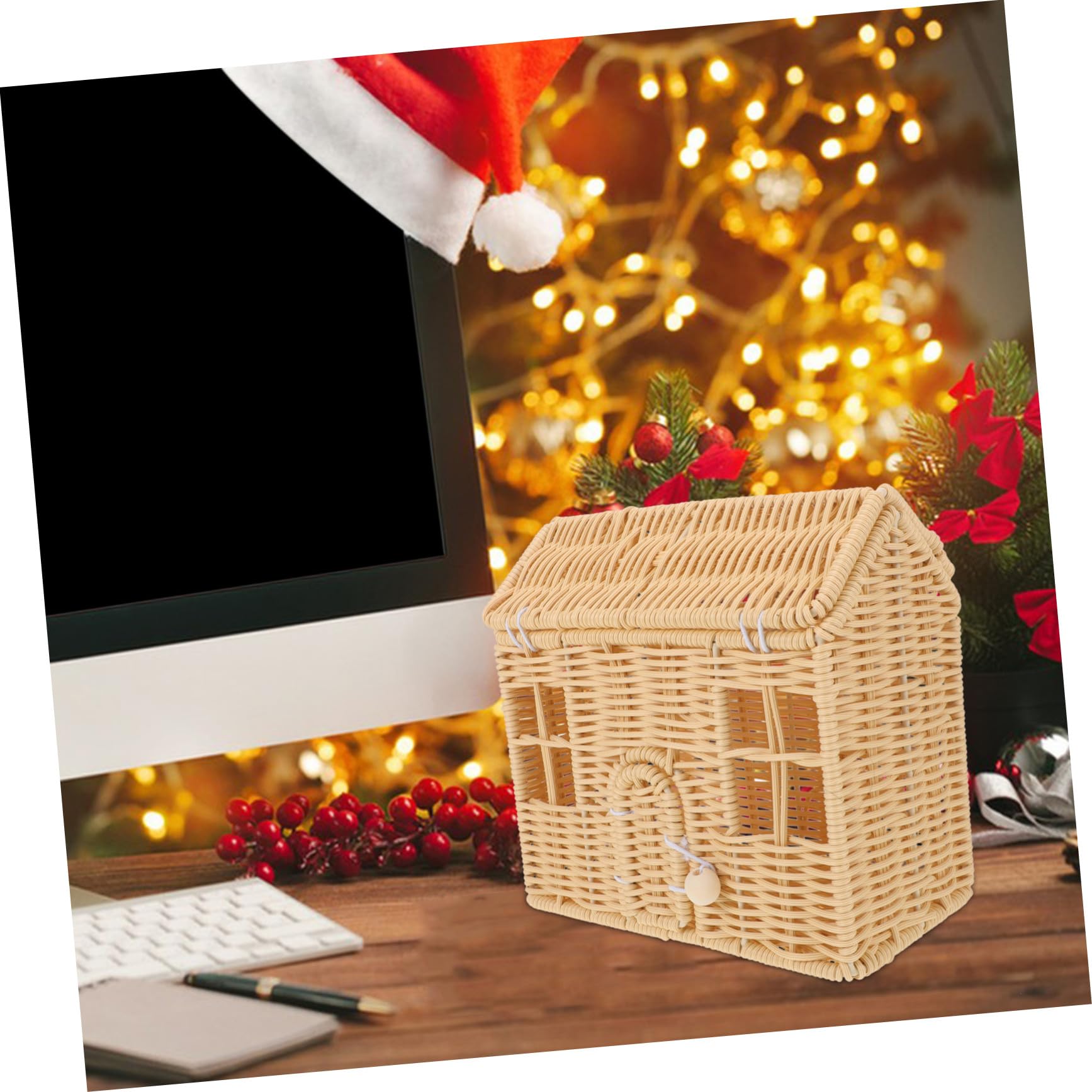Cesta de Dulces Navideña Hecha Mano con Asa Canasta Tejida de Ratán Imitación con Forma de Casa para Dulces Bocadillos Regalos de Fiesta y Uso de Decoración Casa