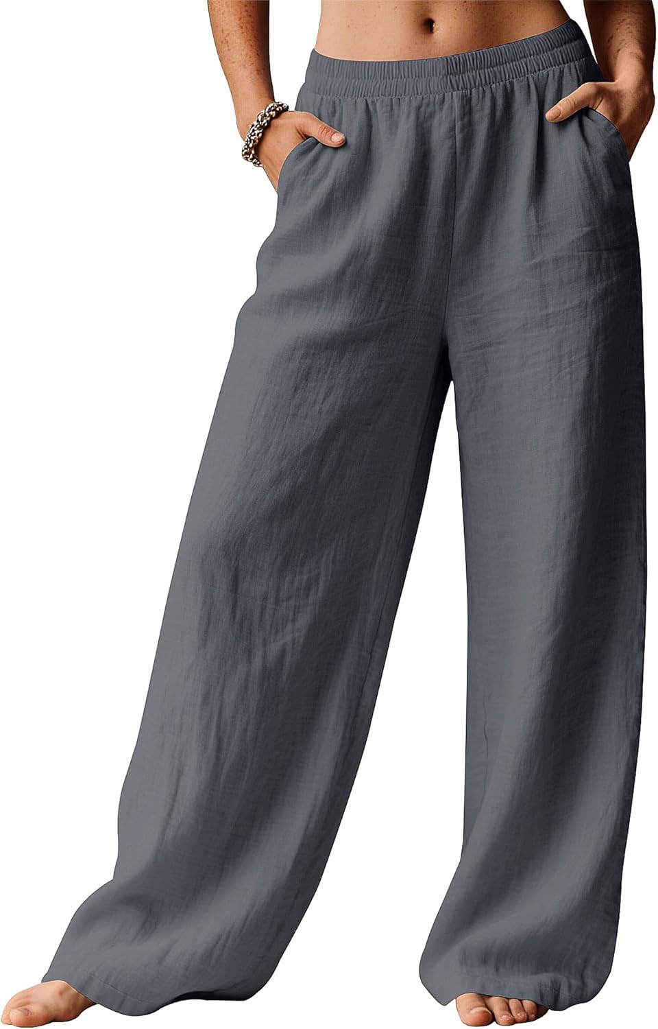 LOMON Linen Pants Women Wide Leg Palazzo Summer Flowy Pants Beach Vacation Clothes Elastic Waist Travel Trousers with Pockets - Image 2